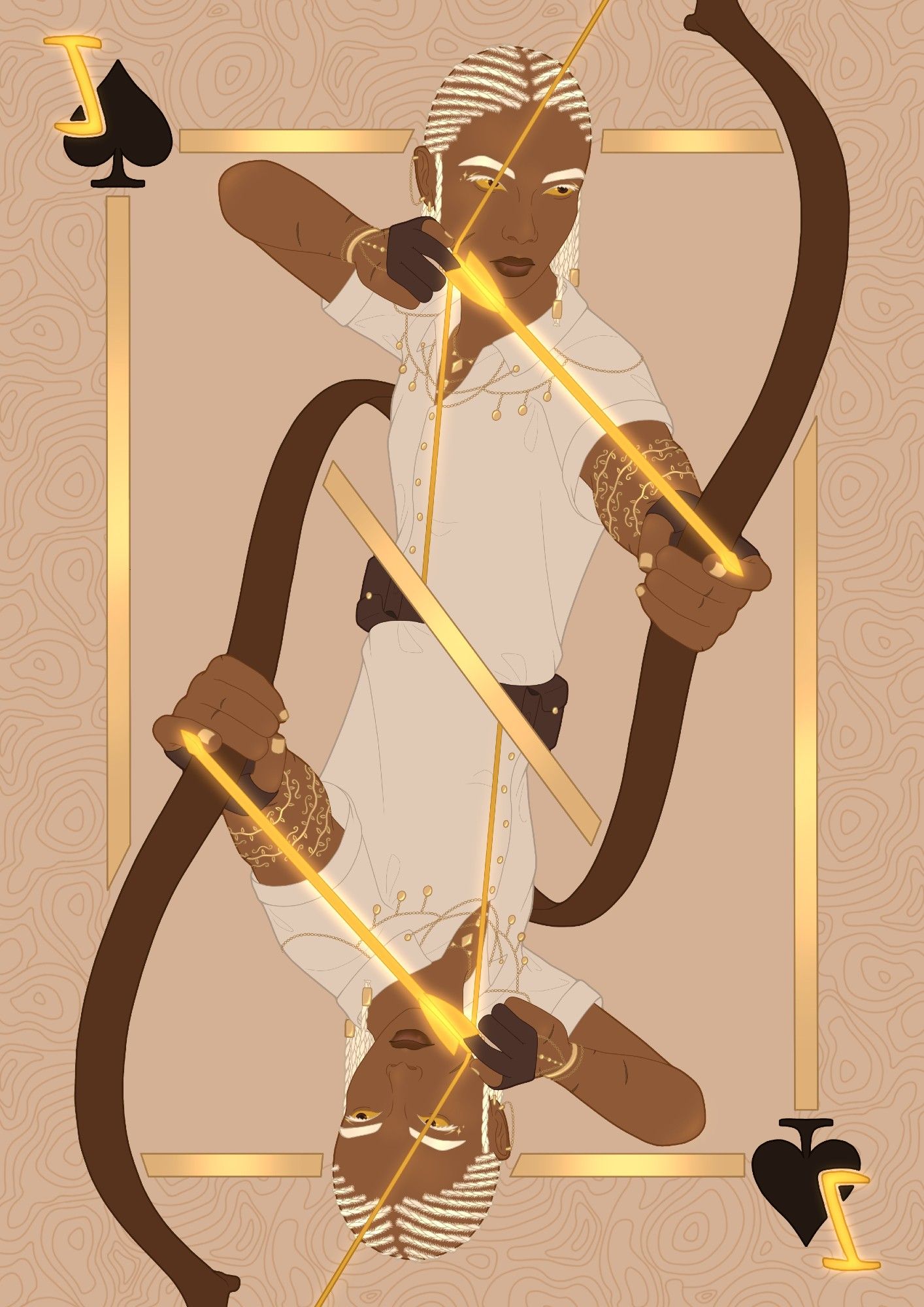 A halfbody illustration mirrored and styled to look like a jack of spades playing card. The featured character has medium-dark brown skin with a few scattered scars and a gold vine-like tattoo on their left arm. They have white medium length braids with gold beads and dark brown eyes with gold sclera. They wear a short sleeve shirt, brown archery gloves, and many pieces of gold jewellery. They are drawing a wooden bow with a glowing gold arrow.