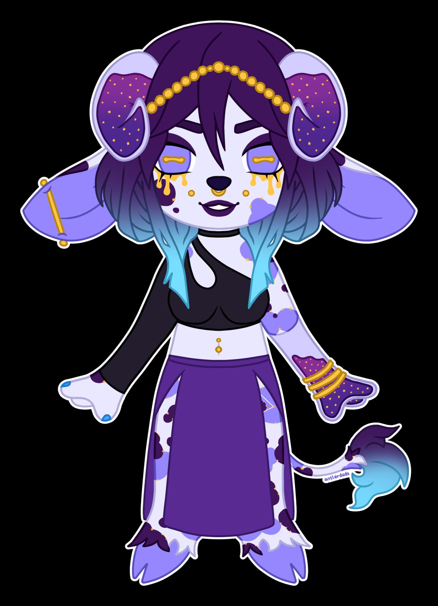 A chibi illustration of a light purple bovine character with dark purple hair that fades to light blue at the ends. Her horns and one arm are made of glass and filled with a space-like liquid, and gold tears are under her lilac eyes. She wears a black crop top with one long sleeve and a purple skirt with two high slits, as well as lots of gold jewellery.