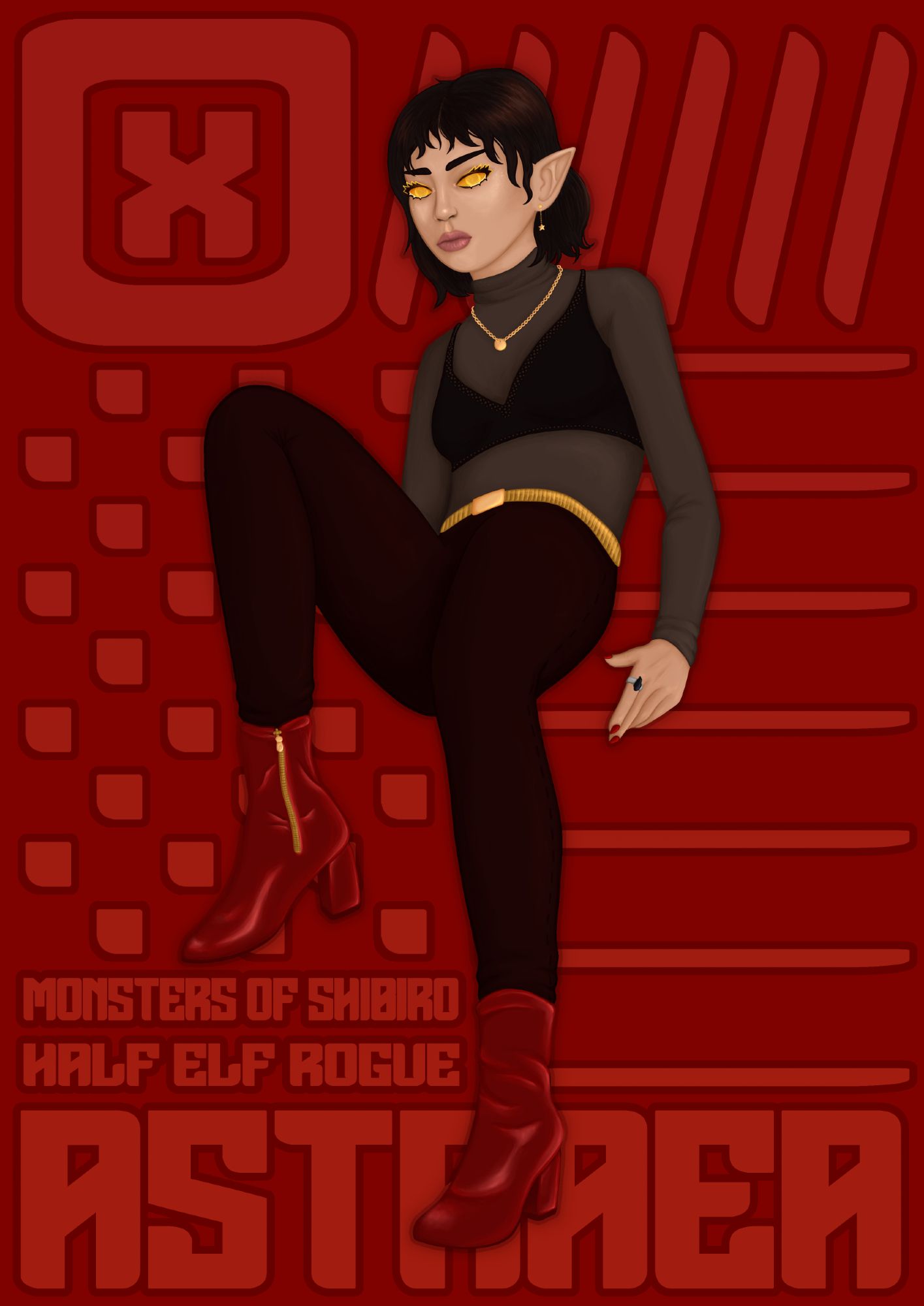 an illustration of a woman with warm black hair in a wavy rough bob, and fully gold eyes. she wears a modern outfit with a warm grey longsleeve undershirt topped with a black bralette, and skinny deep red trousers with shiny red ankle boots. she wears a simple gold necklace, one dangly earring with a small gold star at the end, and a silver ring with a piece of black seaglass attached.