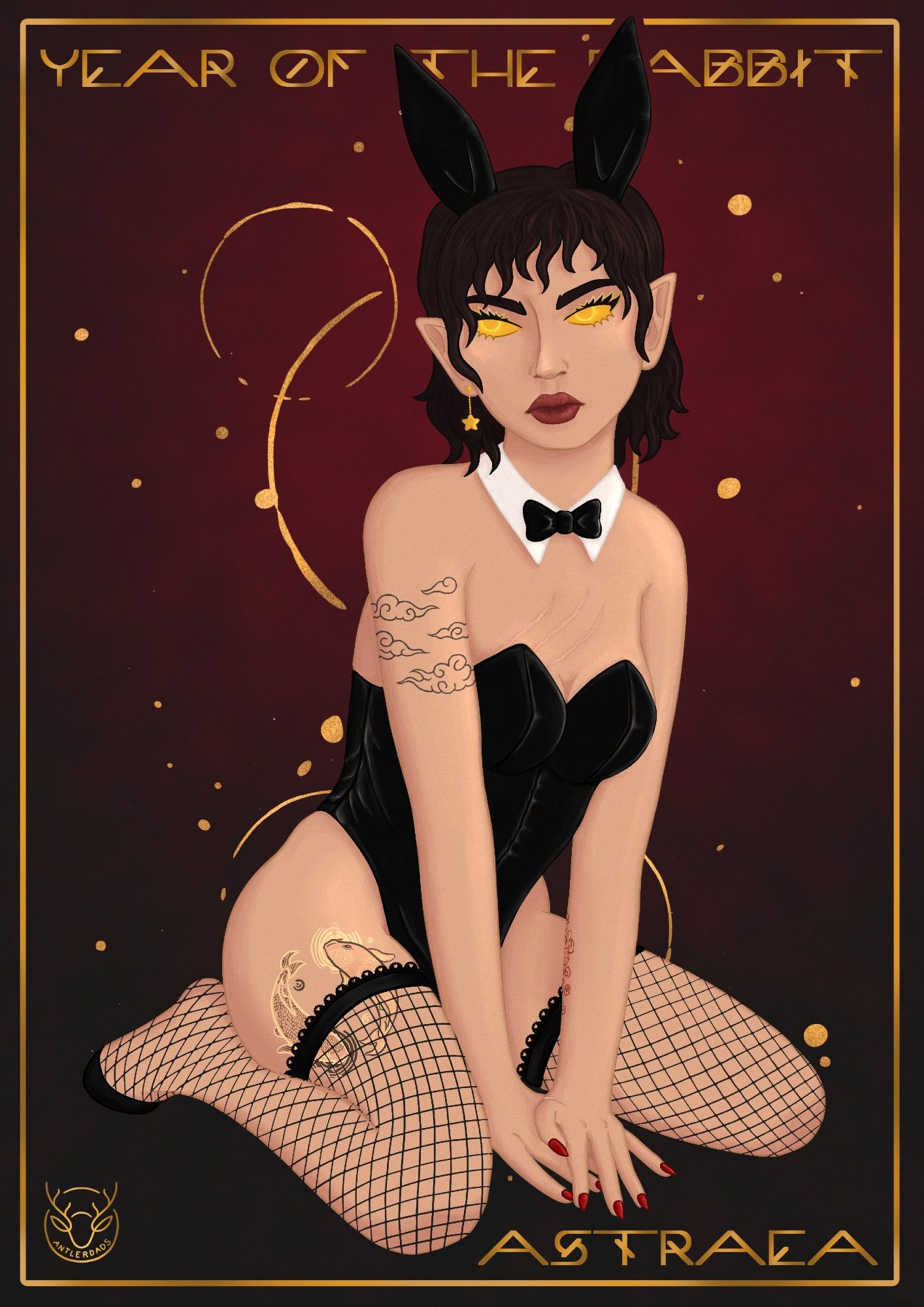 an illustration of a woman with warm black hair in a wavy rough bob, and fully gold eyes. she wears a classic pin up bunny costume and fishnet stockings. she has a handful of tattoos visible as well as a large claw mark scar on her chest.