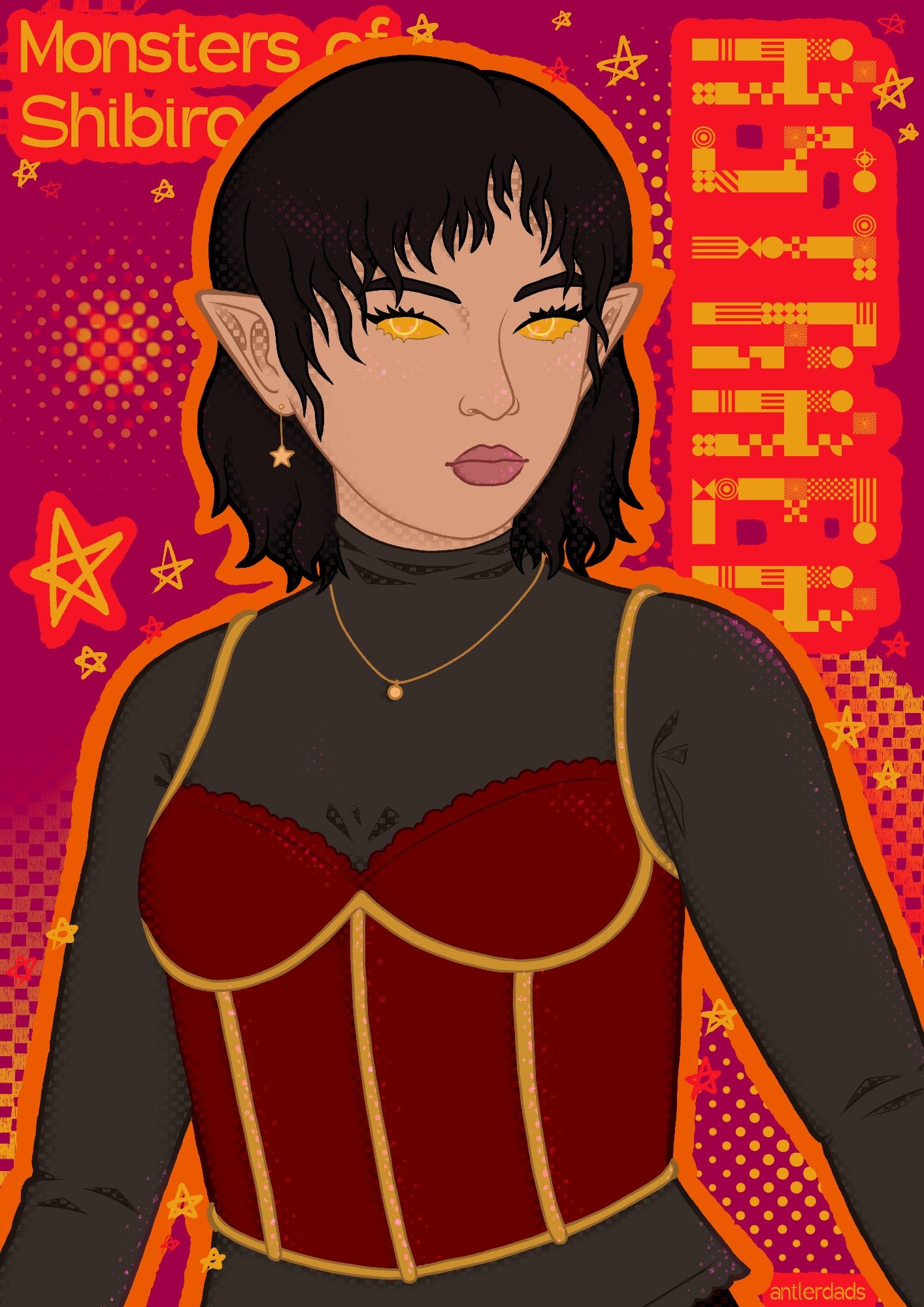 a waist-up illustration of a woman with warm black hair in a wavy rough bob, and fully gold eyes. she wears a modern outfit with a warm grey longsleeve undershirt topped with a black bralette, and the background has a graphic style with halftone, text, and doodles.