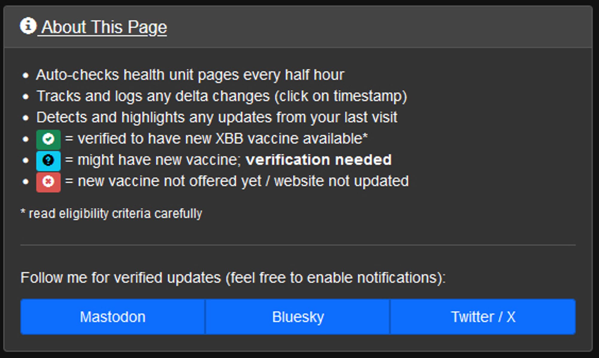 A screenshot of the "About This Page" section on the linked site in the post:

- Auto-checks health unit pages every half hour
- Tracks and logs any delta changes (click on timestamp)
- Detects and highlights any updates from your last visit