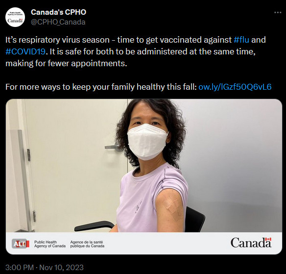 Screenshot of Dr. Theresa Tam, Chief Public Health Officer of Canada, masked with a bandage on her upper arm, tweet text saying: "It’s respiratory virus season - time to get vaccinated against flu and COVID19. It is safe for both to be administered at the same time, making for fewer appointments."