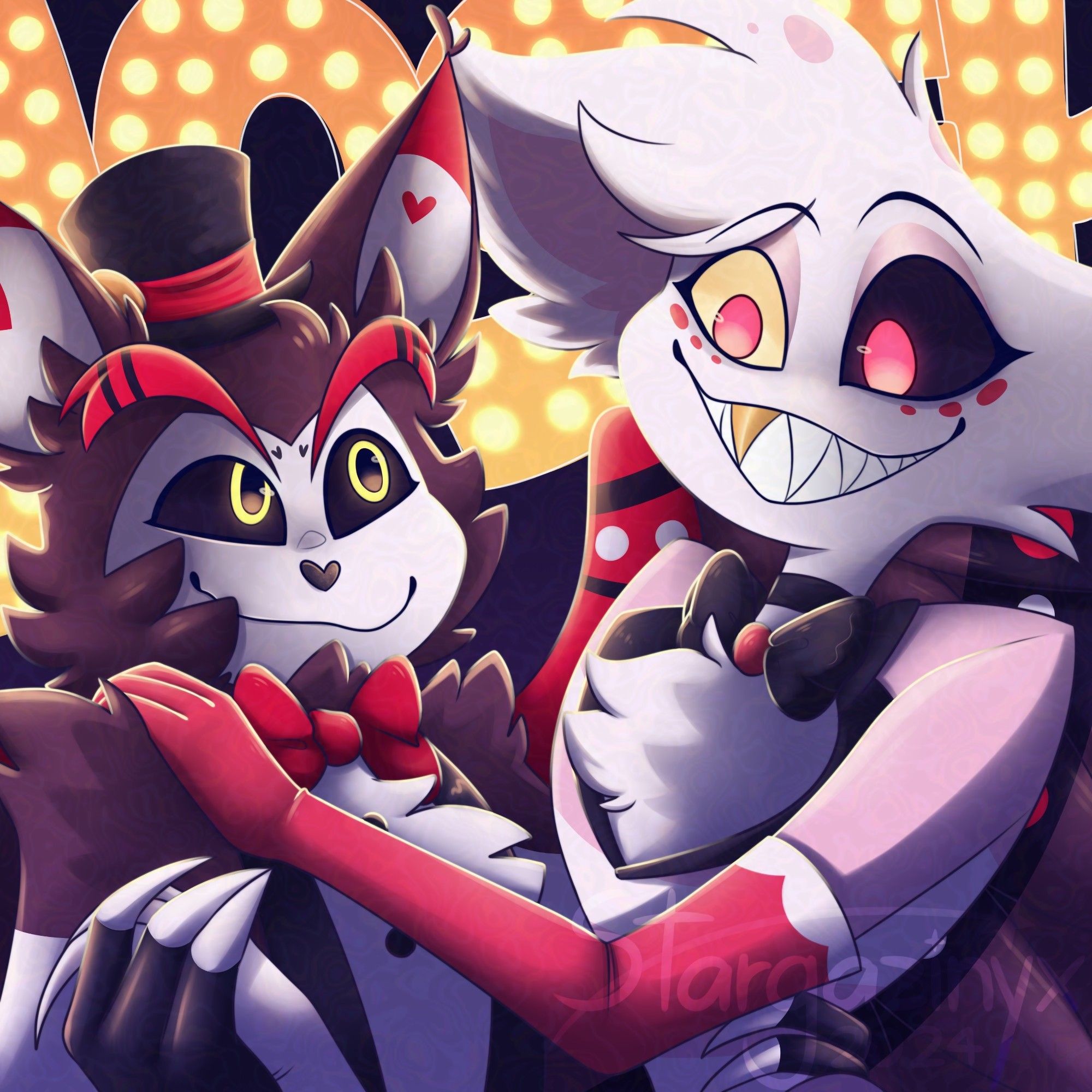 Arte digital dos personagens Husk e Angel Dust de Hazbin Hotel dançando e sorrindo um para o outro. Ambos estão na frente de um letreiro iluminado escrito "LOSER"