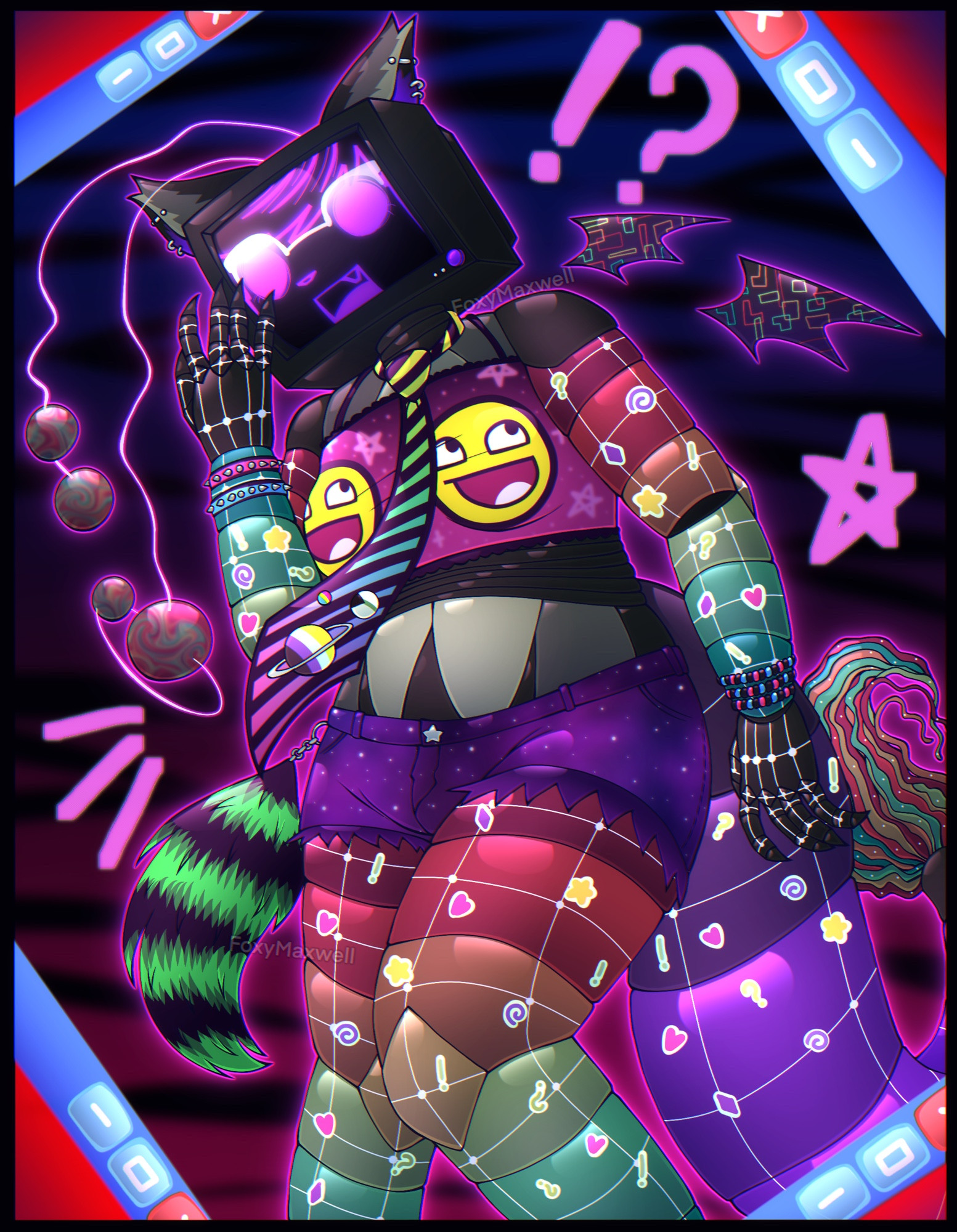 My fursona Val (who is a silver fox with rainbow limbs and purple tail) as a robot with a metallic skin and joints, and a TV head with a shocked expression,. He is wearing a pink top with 2 awesome faces on it, galaxy shorts, rainbow stripy tie, bracelets, and a green raccoon tail on his waist. 