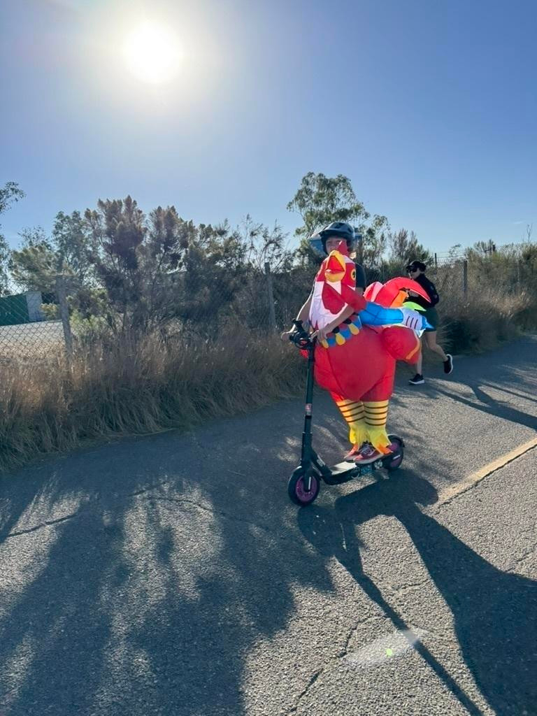 A person on a scooter wearing a rooster costume