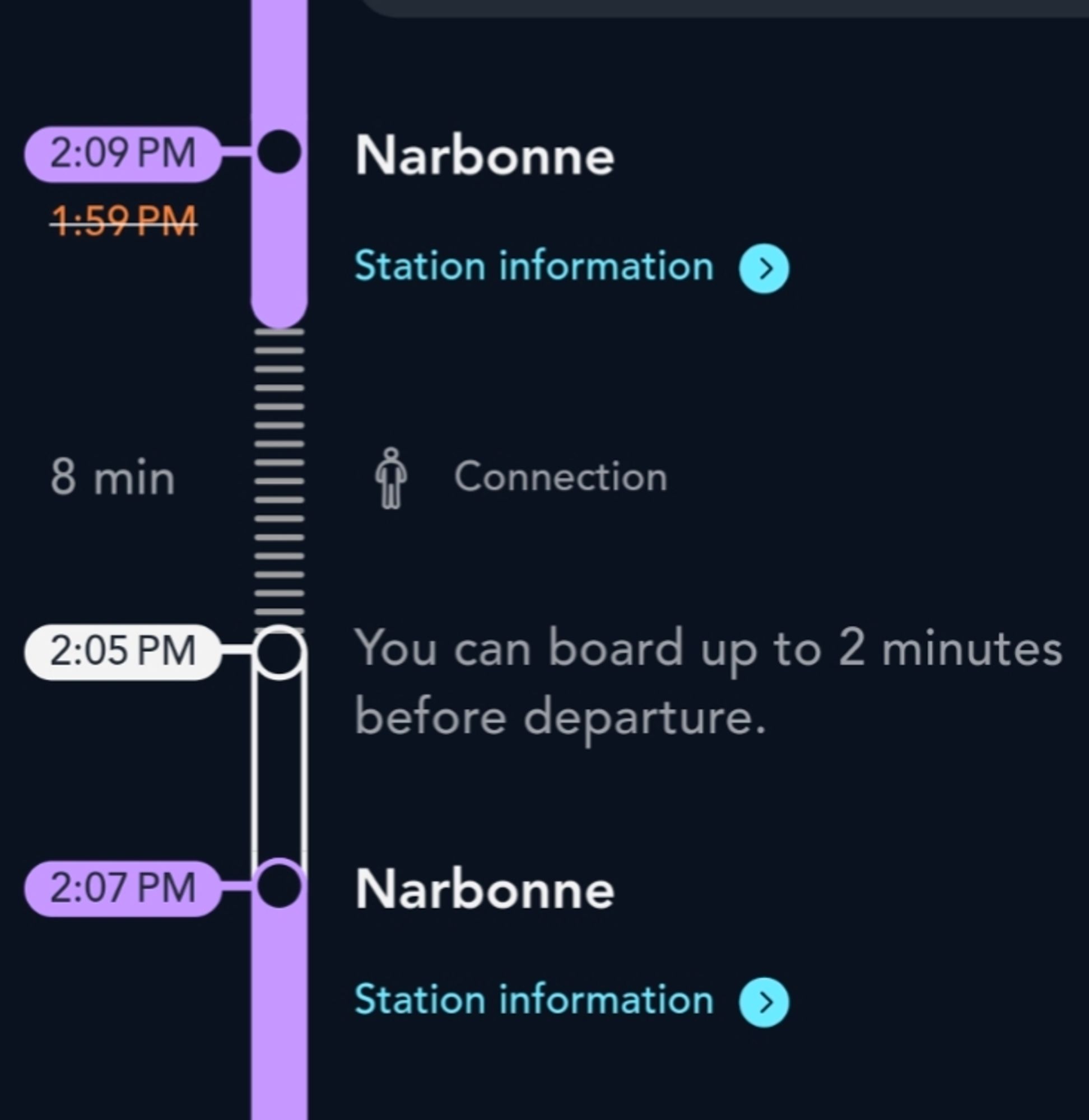 An extract of a schedule showing a train now arriving into Narbonne at 2:09PM, but the connecting train leaving at 2:07PM. There's no indication that this is an issue