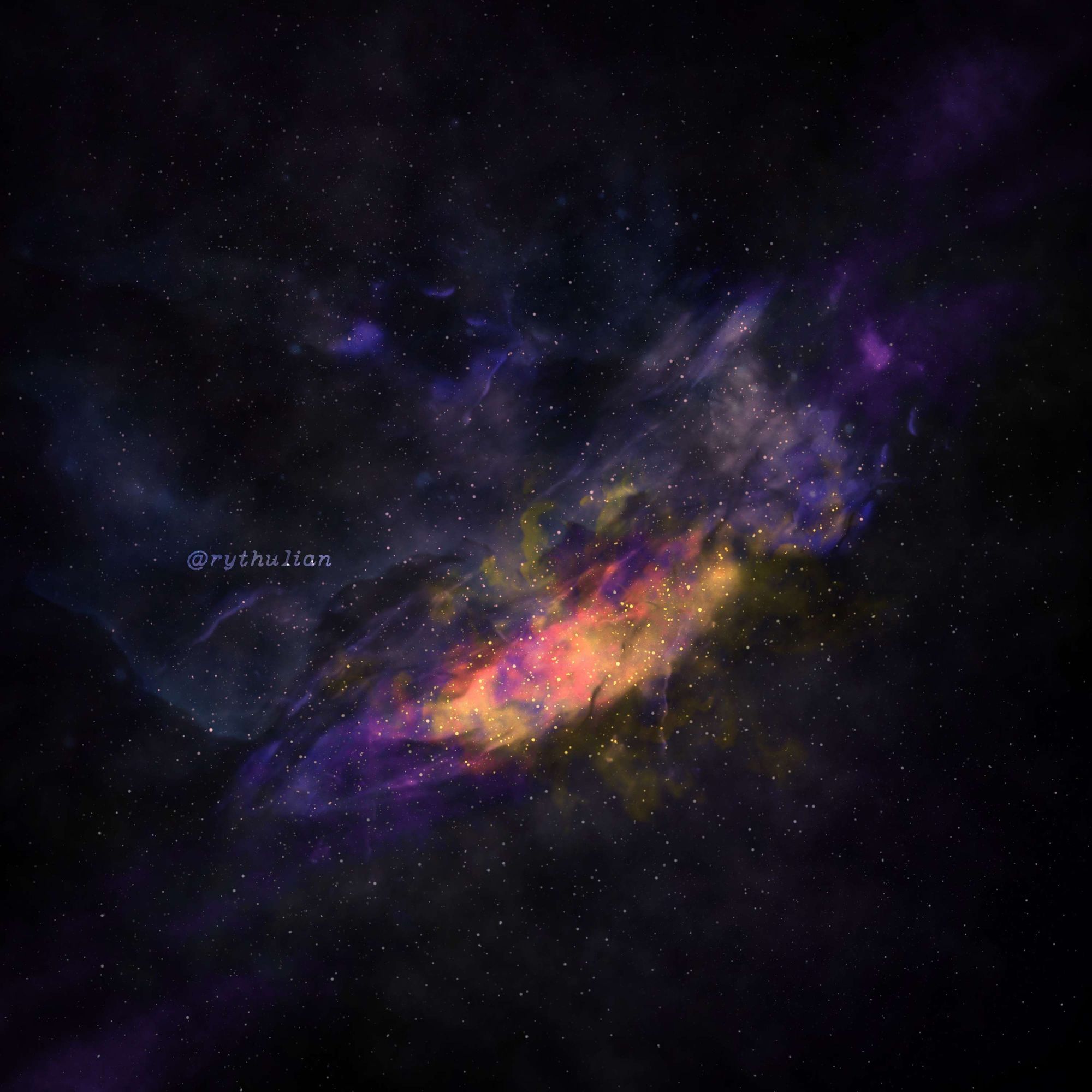 a digital painting of a nebula against the backdrop of starry black space. its main colours are purple, yellow, cyan and green. a purple streak washes over it, while all the different colours meet brightly in the centre