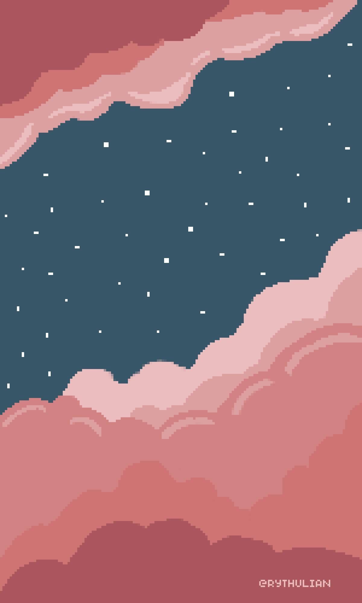 pixel art featuring pink clouds against a night sky with lots of stars