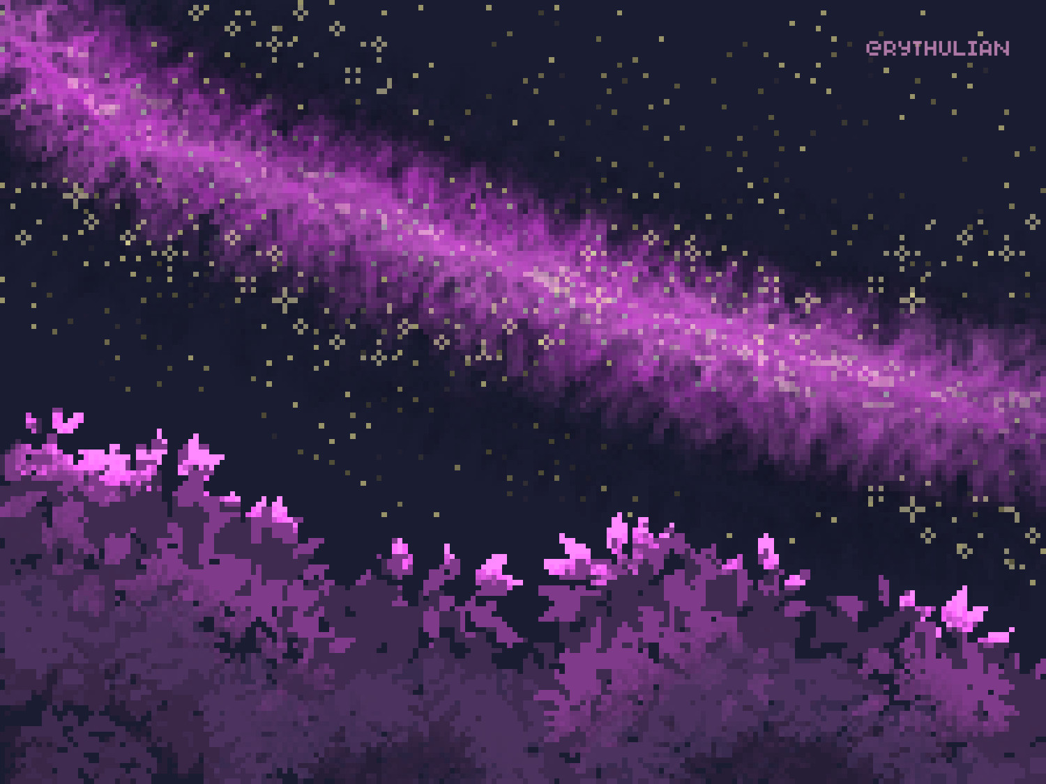 pixel art piece of a purple milky way in the starry night sky, shining brightly. the treetops below are bathed in purple light because of it