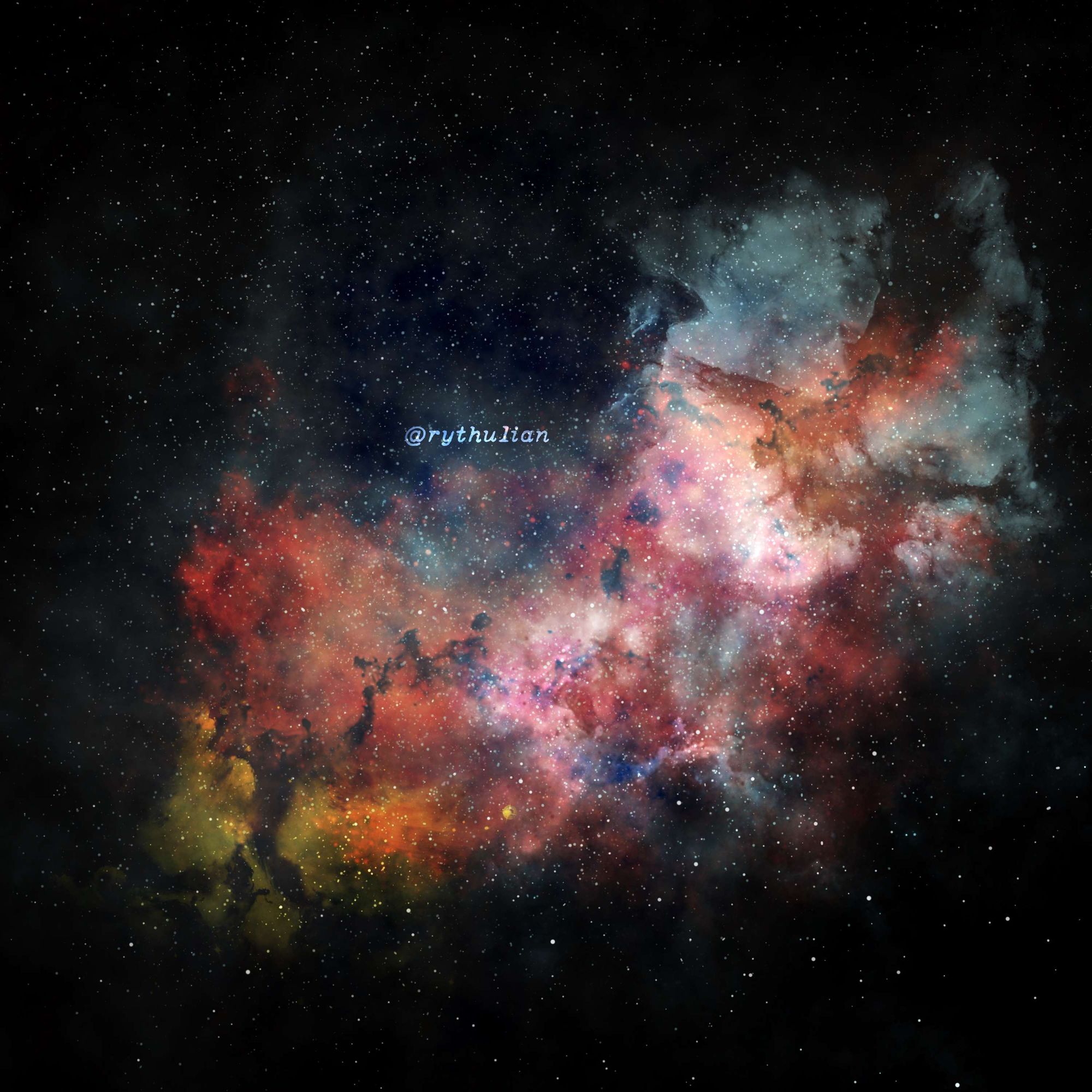 a digital painting of a nebula against the backdrop of starry black space. its main colours are yellow, red and blue. they all meet in the middle to create bright intersections of colours