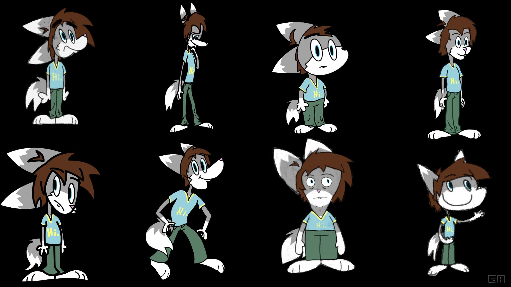 A grey wolf dude with a brown hairdo drawn in 8 unique styles