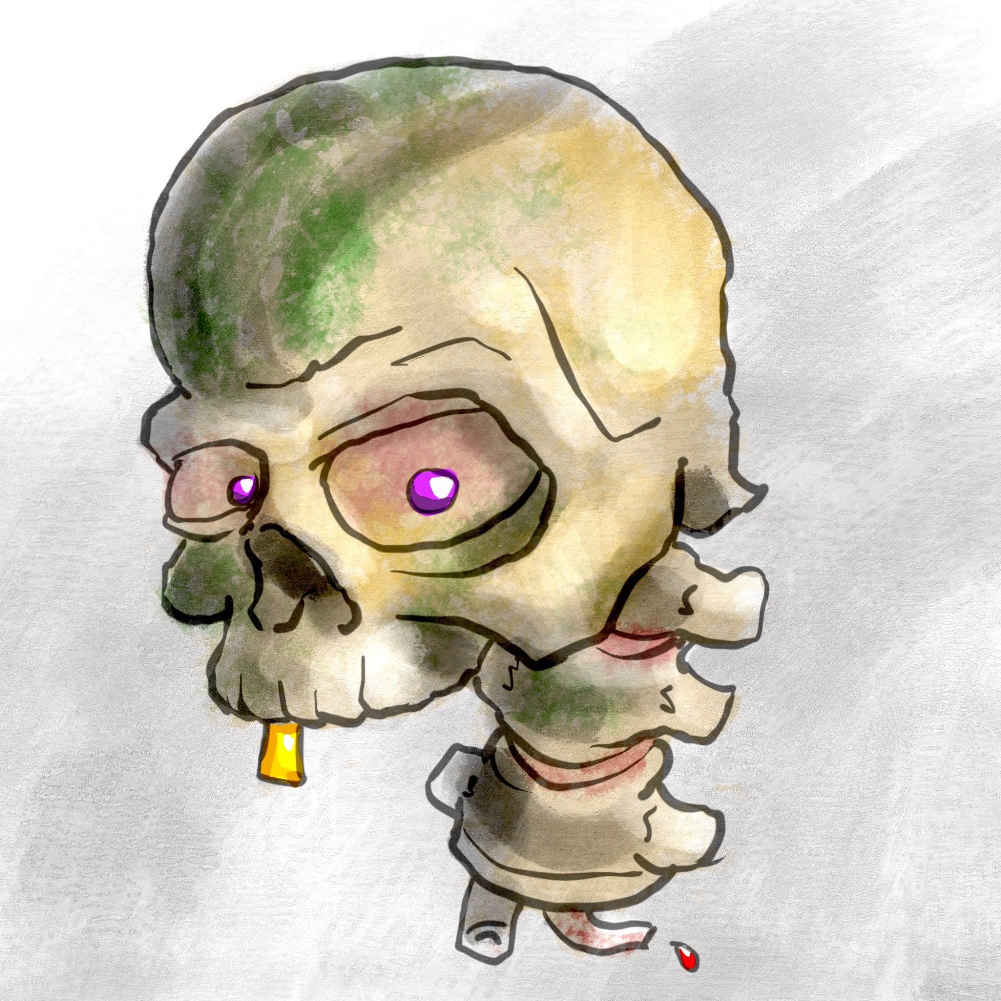 Drawing of a jaw-less skull with a single gold tooth.