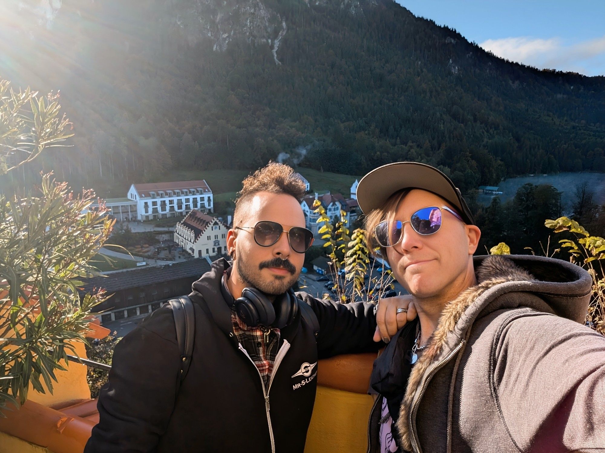 Jekkies and Figgy at Hohenschwangau Castle overlooking the city and Alps.