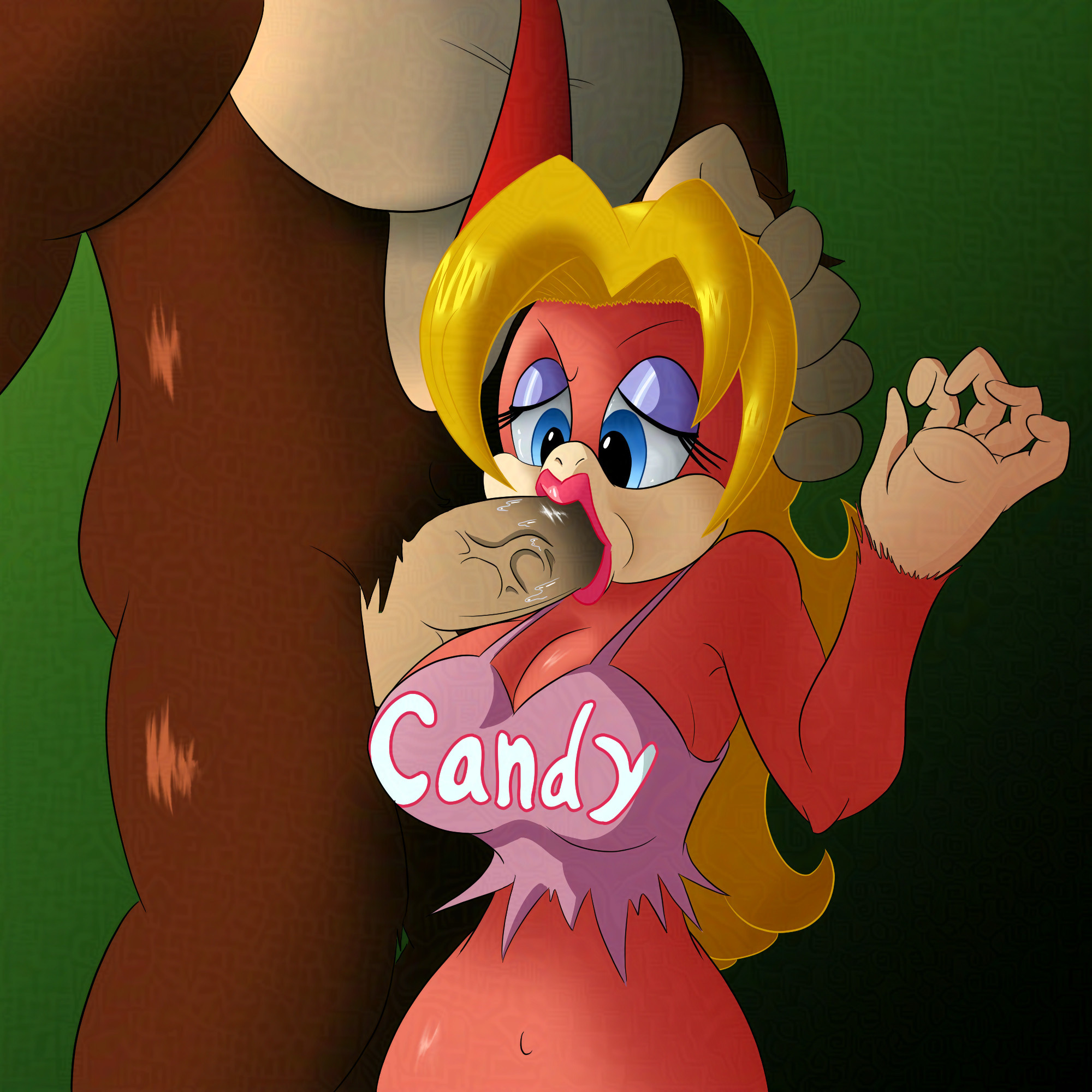 Candy Kong giving her boyfriend Donkey Kong a blowjob, with some 'encouragement' from his guiding hand, as her lucious lips perk out.