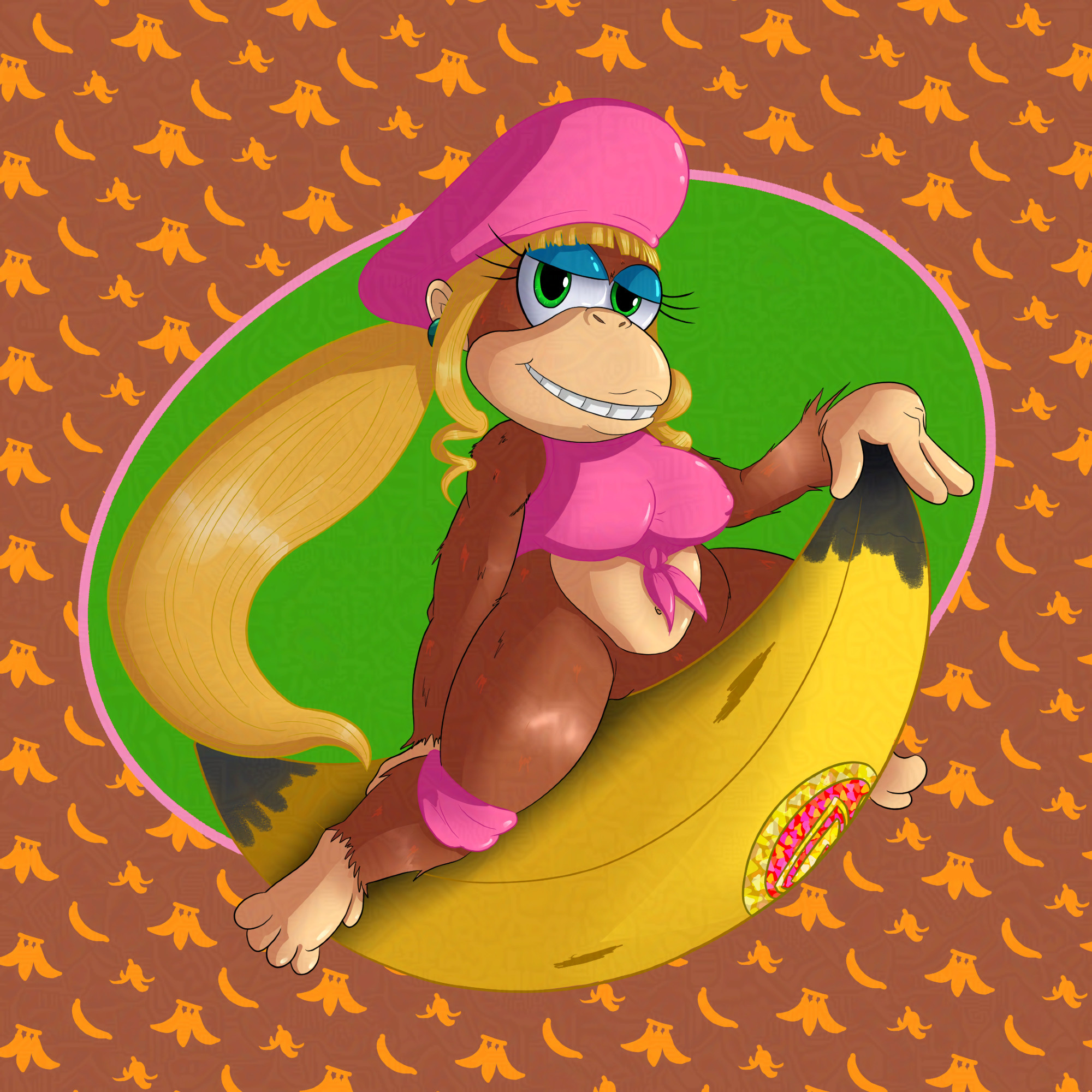 Dixie Kong in a pin up pose, riding over a large Banana. Dixie's eyelids are half lidded, and she is drawn with "shortstack" proportions.