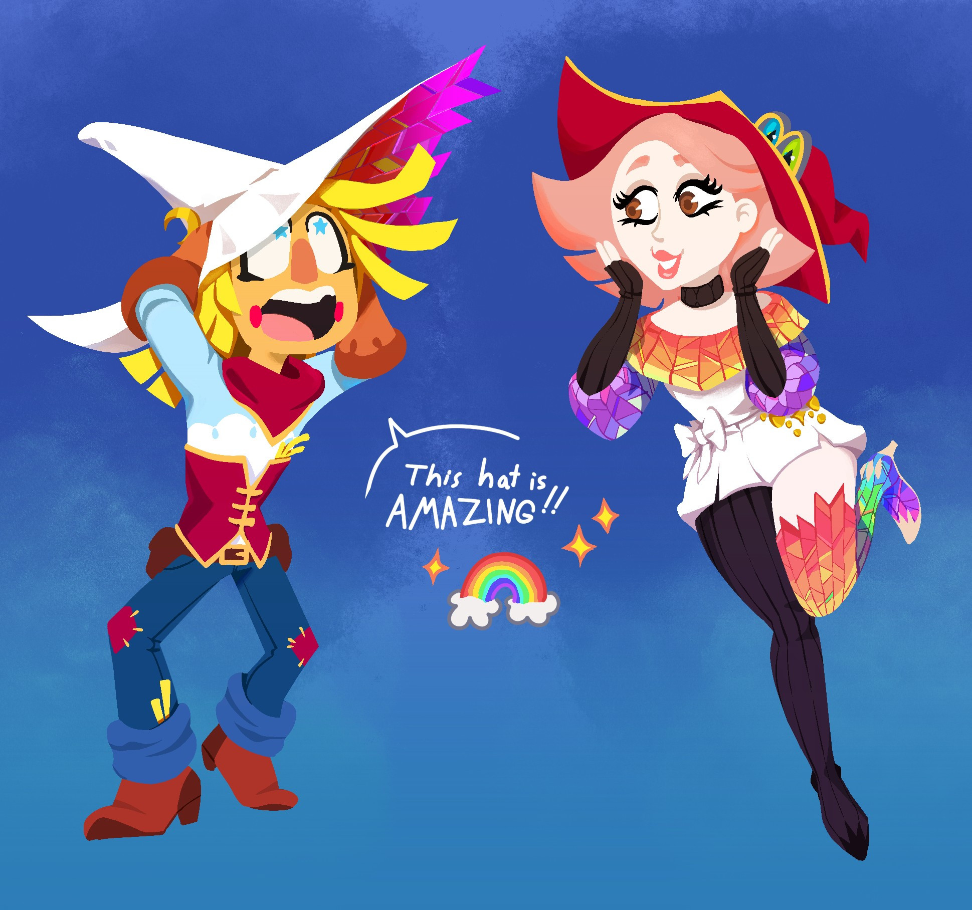 A cartoon scarecrow man (Roody) has exchanged hats with a pink haired woman in rainbow and dark clothing (Prism). Roody is exclaiming that Prism's hat is amazing while looking up at the rainbow colors under the brim, and Prism looks happy and energetic.