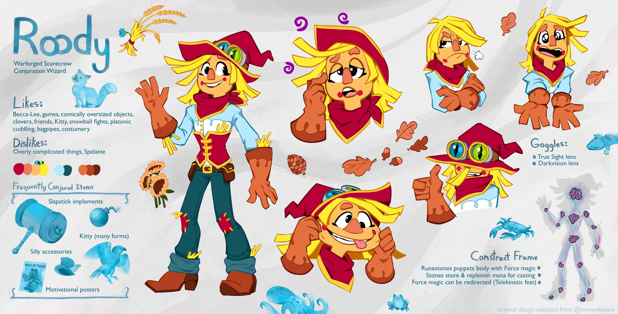 Reference sheet for a cartoony scarecrow man with several expression drawings and drawings of props he uses, such as magical outfit pieces and slapstick weapons.