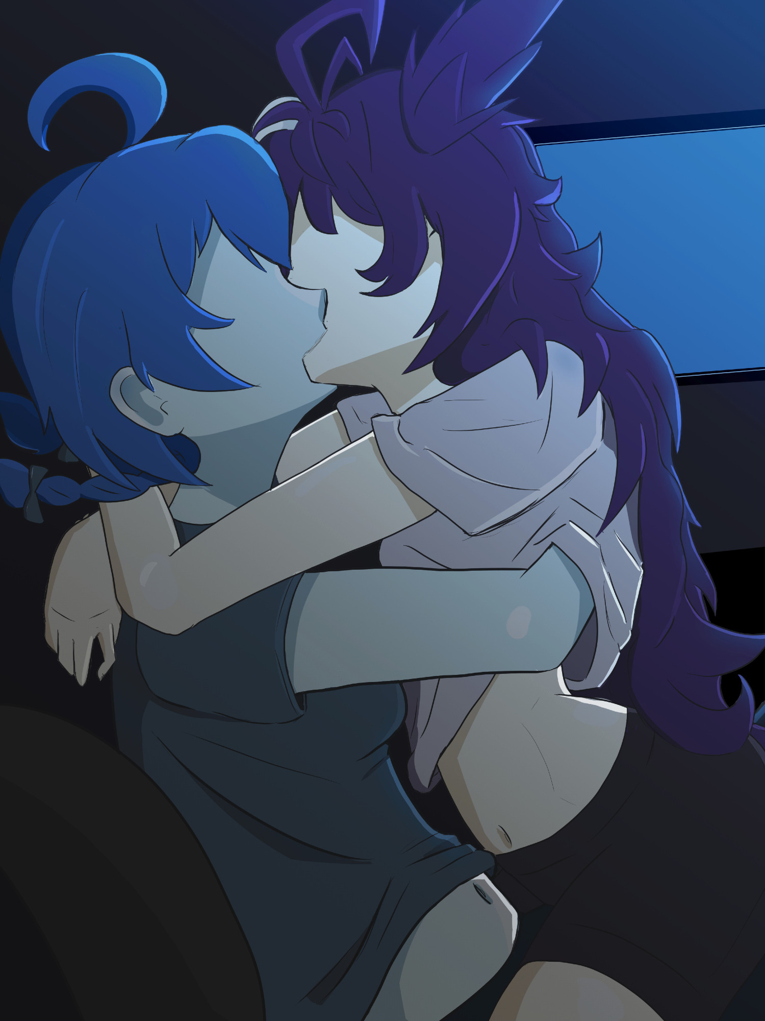 Yuri art of the vtubers Yomi Quinnley and Dr. Nova(e) kissing in a dark room lit by a blue monitor.