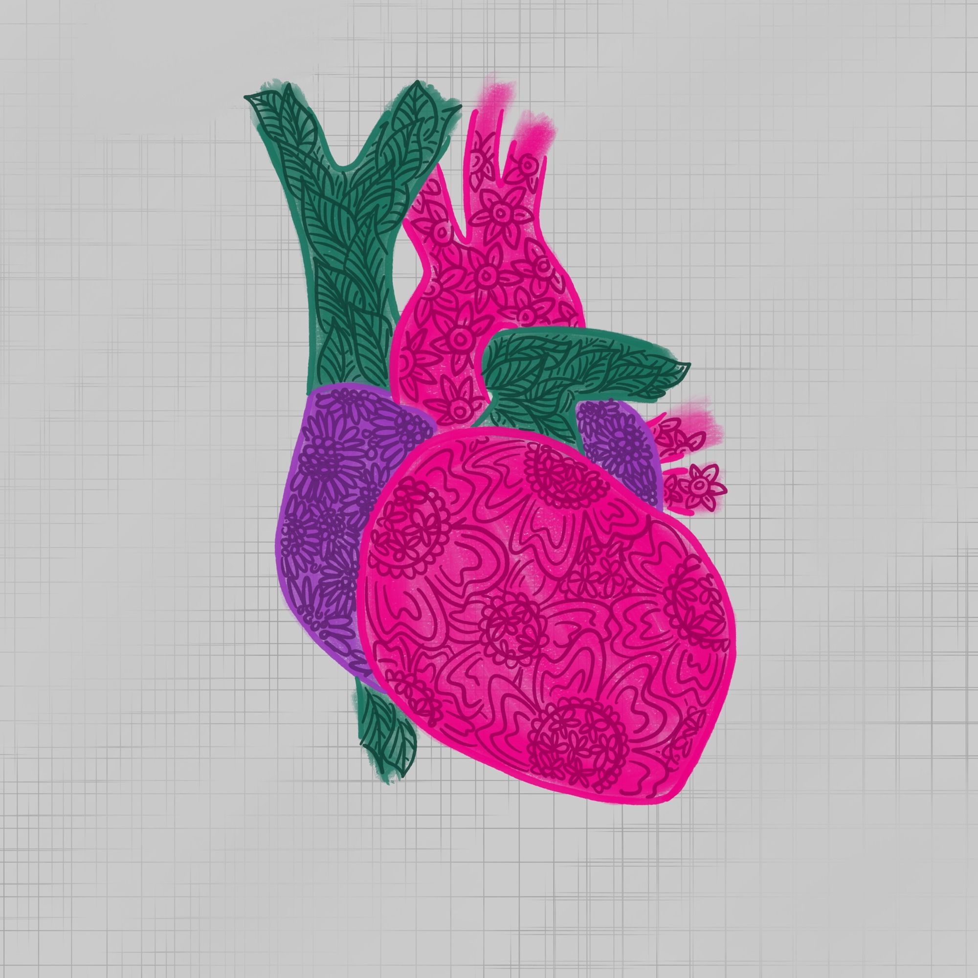 An anatomical heart in turquoise, pink and purple. The turquoise parts are covered in leaves while the rest has different intricate floral patterns 