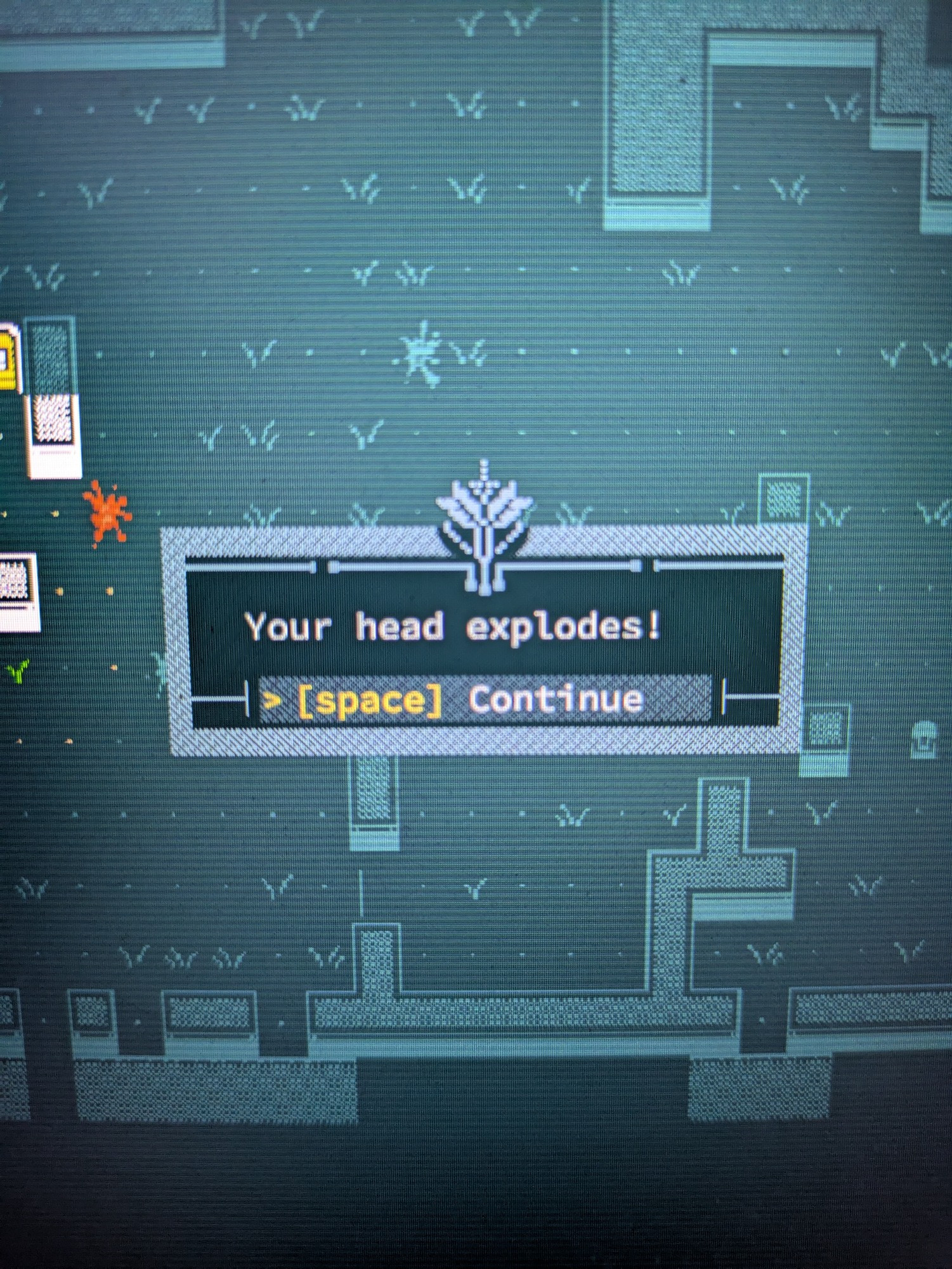 Qud screenshot: your head explodes!