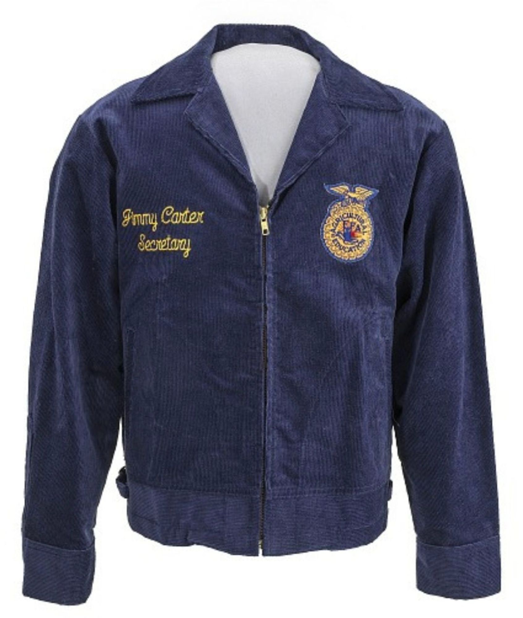 Navy blue corduroy jacket with the FFA seal and the words "Jimmy Carter, Secretary" on it. Photo by Ken Regan.