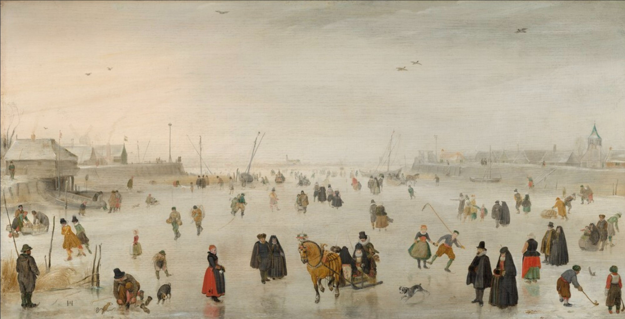 Rich and poor mingle on the frozen waters of a Dutch river in 1625. A man quietly observes the many skaters. Well-dressed ladies ride in a sleigh; the horse’s shoes are spiked for traction on the slippery surface. In the right corner, two little boys play a game of colf (or kolf), a cross between modern-day hockey and golf. And in the background, sledges transport people and commercial goods on the frozen waterway.