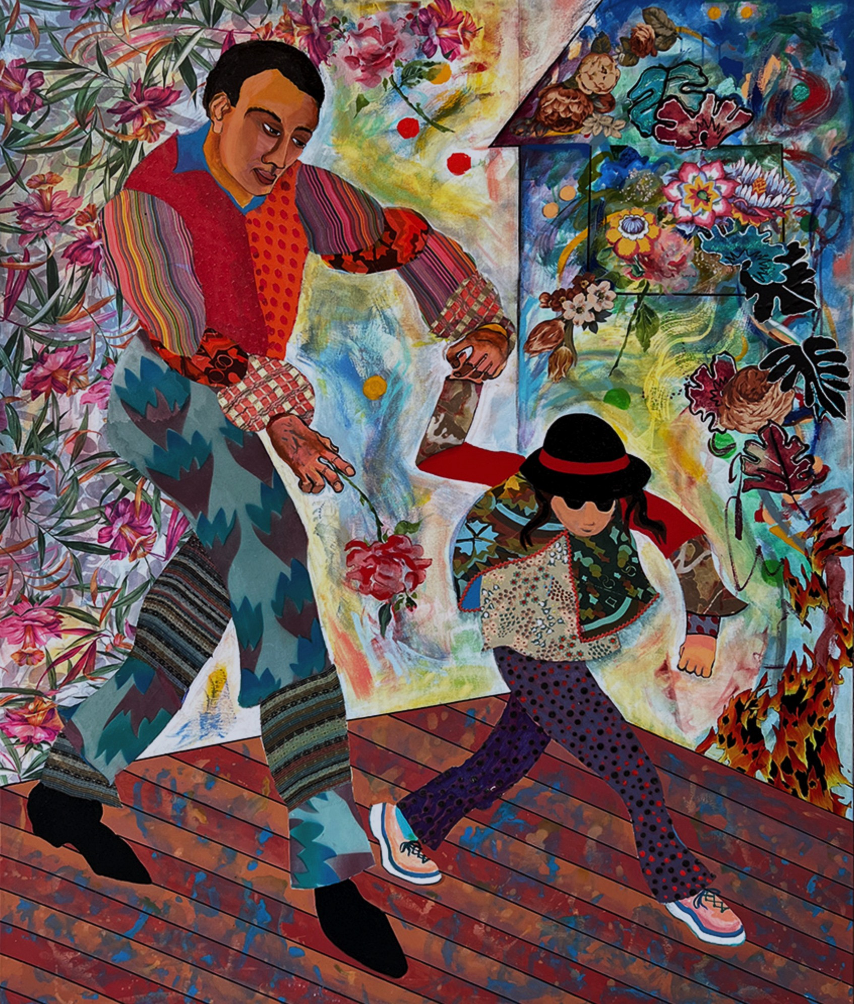 Miriam Schapiro “Father and Daughter” (1997) • Dressed in masquerade, two figures dance together. Schapiro represents her father as a Russian immigrant to Canada. She depicts herself as a street smart kid. • The painting is a “femmage” — a feminist collage that integrates acrylic paint with fabric, embroidery, and other decorative materials traditionally associated with women. 