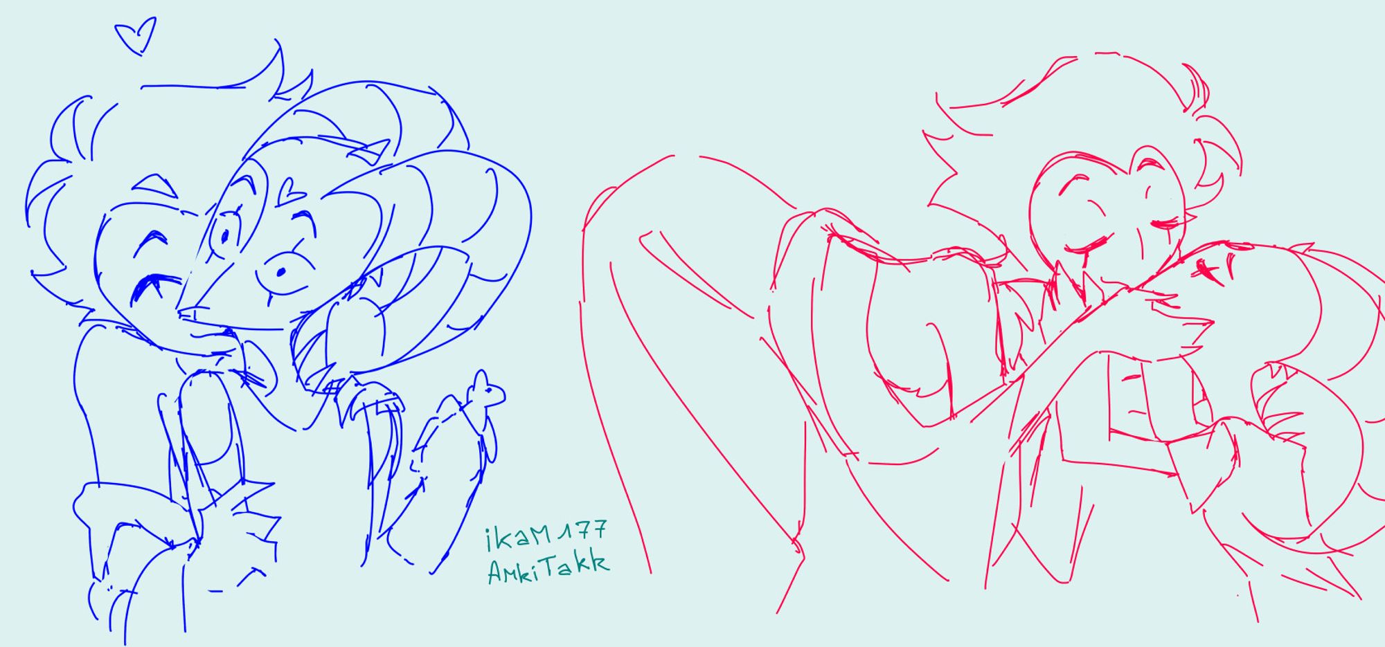 Two sketches of Stolas and Blitz. In the first, Stolas is kissing the neck of a surprised Blitz who was playing with a toy horse. In the second, Stolas is bending down to kiss Blitz on the mouth, they're both tenderly holding each other's faces.