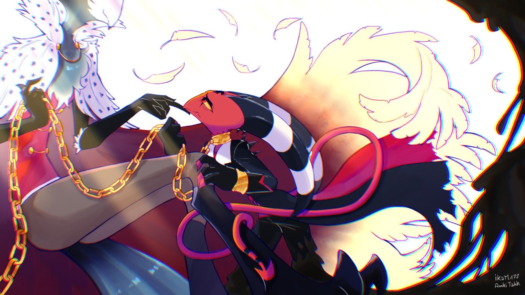 Helluva Boss fanart featuring Stolas and Blitz from Blitz's bad trip sequence. Blitz is kneeling in front of Stolas, desperately gripping one of his knees while offering him the golden chain tied to his neck with the other hand. He has a conflicted expression, his tail is curled around one of Stolas' legs, and the lower half of his body is covered in dark mud that also looms over them both on the side of the screen. Meanwhile, Stolas is sat casually, loosely holding the chain in one hand and using one finger to lift Blitz's chin with the other. He is bathed in light and only the lower half of his face is seen, showing his smile. His cape is flowing behind them both, the end of it having transformed into golden feathers.