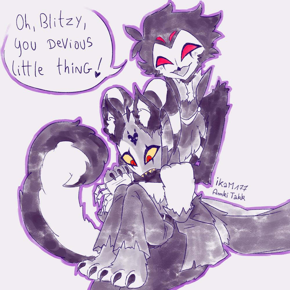 Helluva Boss fanart featuring Stolas and Blitz in their Halloween outfits (Stolas as part-skeleton, Blitz as a werewolf with canine paws as well). Blitz is sitting on Stolas' lap, enthusiastically gnawing on Stolas' hand. Meanwhile, Stolas looks delighted, exclaiming "Oh, Blitzy, you devious little thing!".