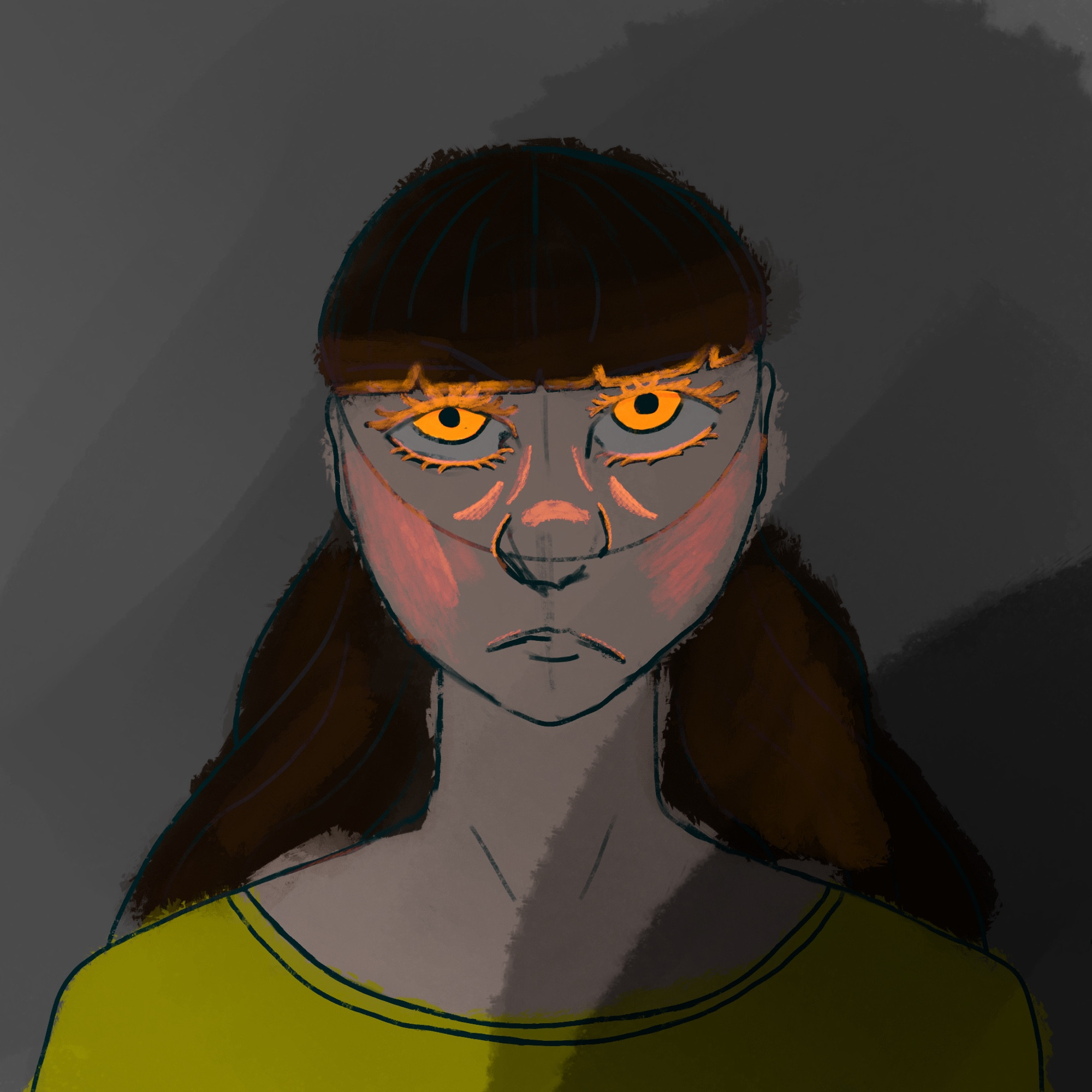 Digital painting of a character with brown hair and orange glowing eyes. The character is wearing a chartreuse shirt. The character is dimly lit.