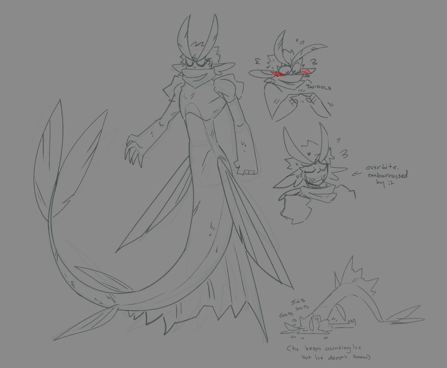 megamer au; various doodles of freezemer. He is based off a lancetfish. In the bottom doodle he's sobbing, with text saying "He's been courting Ice but Ice doesn't know"
