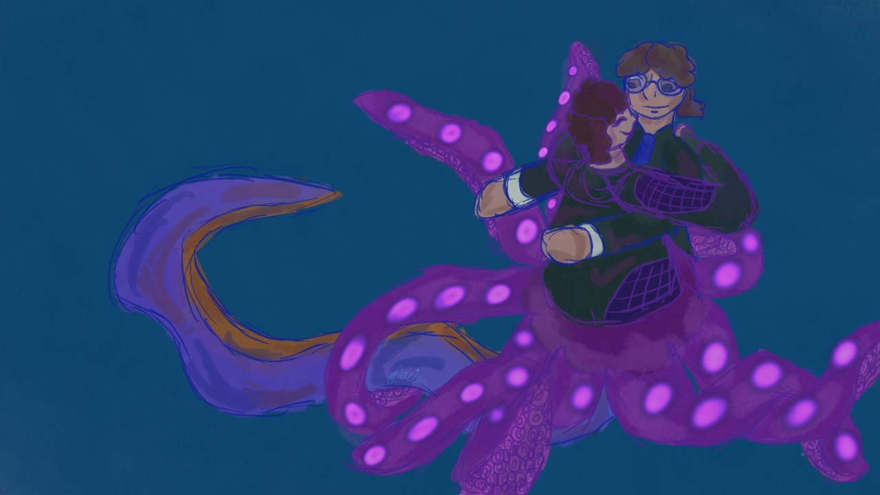 Virgil Sanders and Logan Sanders from Sanders Sides in an embrace. Both of them are mermaids underwater. Virgil is an octopus with purple legs and bioluminescent tentacles. Logan is an eel with an orange stripe along the length of his tail.