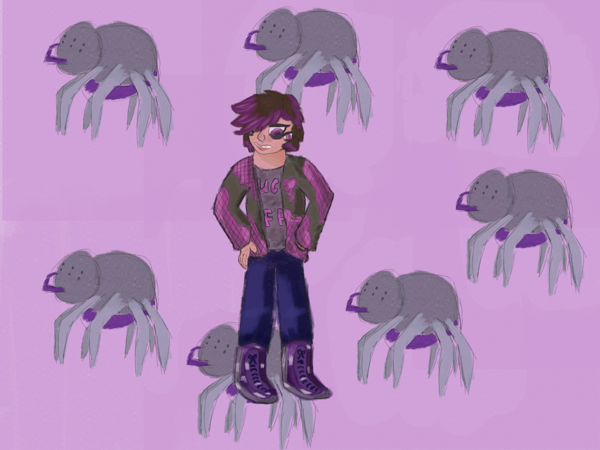 A digital drawing of Virgil atop a purple background with spiders over it. The spiders are grey, with purple bellies and pincer like things. Virgil has light tan skin, purple eyes, and brown hair with dyed purple edges. The two visible eyes are on the viewer's right, one of them being on his cheek area. all eyes have eyeshadow under them One of his hands, viewer's left, is on his hip. The other hand, viewer's right, is in his jacket pocket. He is wearing his grey jacket with plaid purple patches, a grey shirt with purple letters; the letters visible saying UC FF, blue jeans, and purple shoes with blue shoelaces.