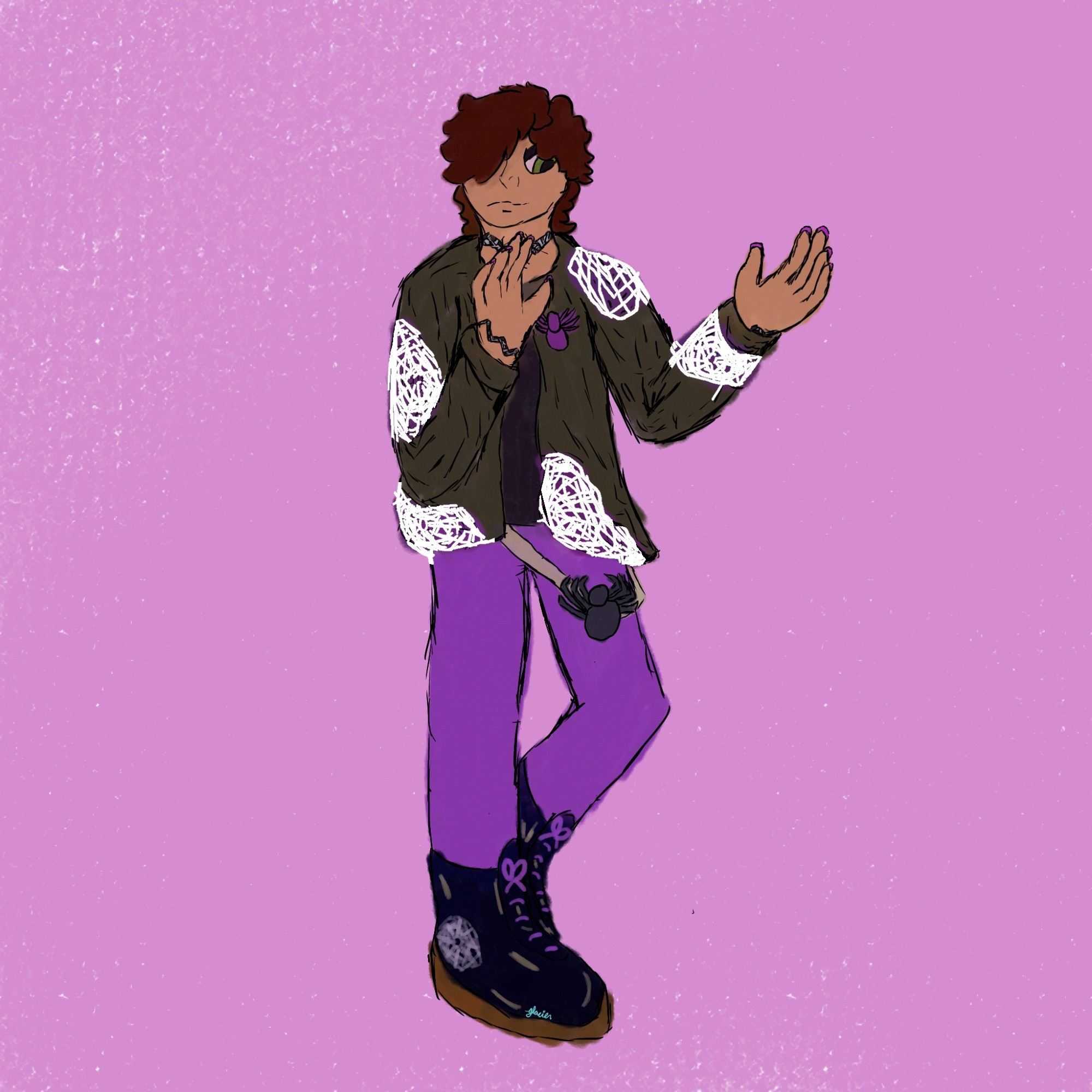 Virgil Sanders from Sanders Sides as an avatar for The Web from The Magnus Archives. His purple plaid jacket is now spiderweb patches and a spider on it. His pants have a belt with a spider on it, and his shoes have purple shoelaces and a spiderweb on the ankle area. Some of his skin is open showing the string keeping him together.