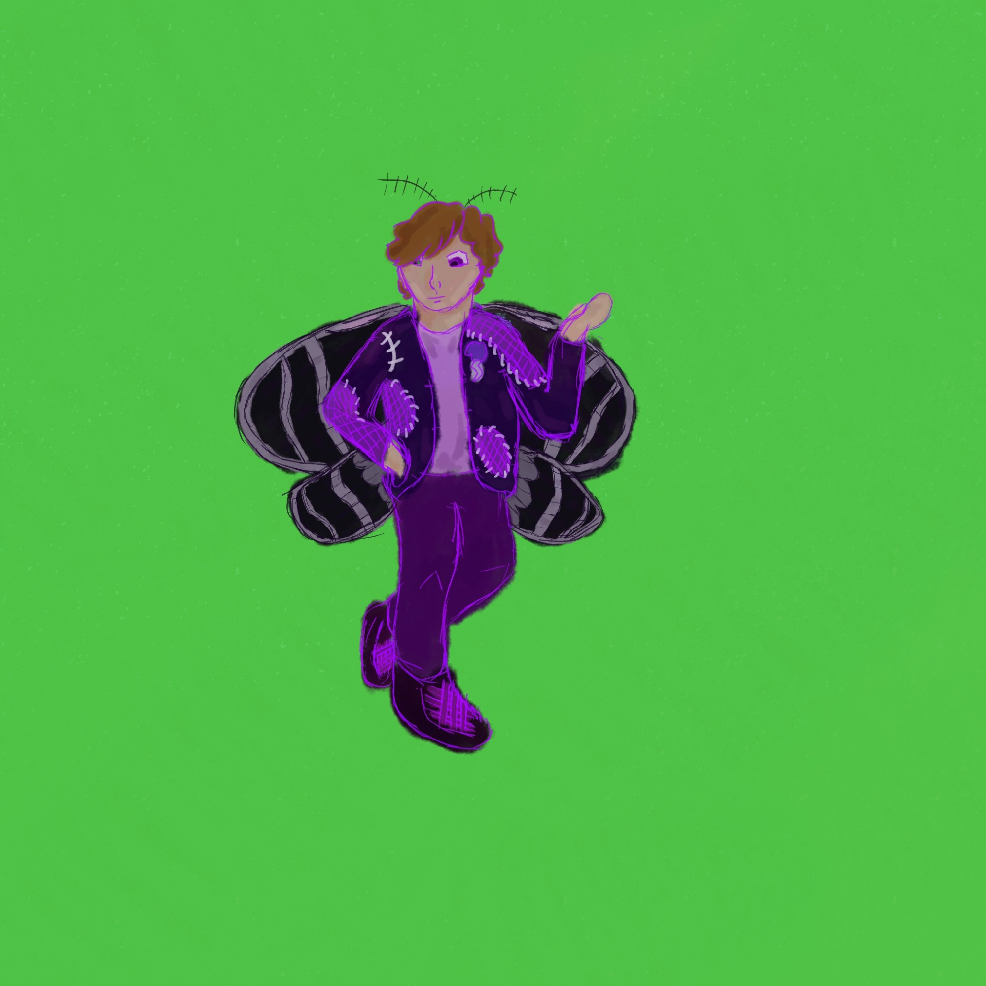 Virgil Sanders from Sanders Sides who has tan skin, brown hair, and a green eye and a purple eye. He is in his purple patched jacket, light purple shirt, dark purple pants, and shoes with purple shoelaces. He has belted beauty moth wings and antennae.