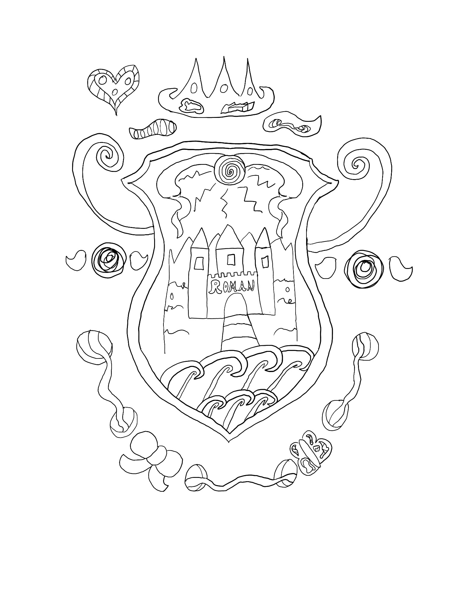 Roman Sanders Abstract Themed Coloring Page. It has his name in the middle of the castle located in his shield Logo. With a crown with abstract shapes above the shield and a heart next to the crown. Below the shield are holes with something streamer like going through them with a bow and a butterfly in the breaks. On the left and right side of the shield are a rose with leaves. There are a few other abstract shapes around the shield.