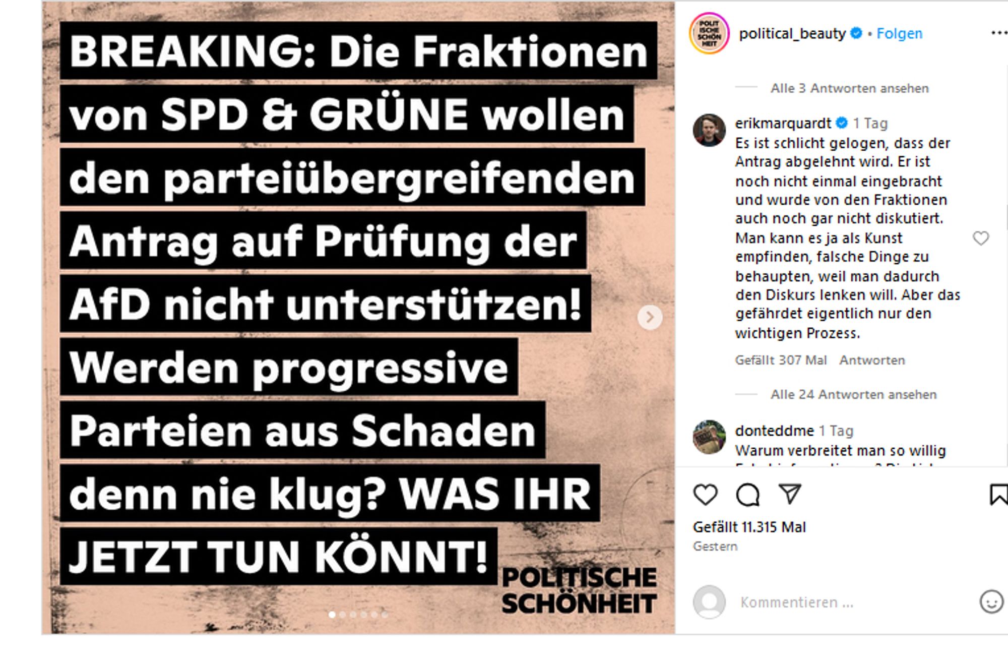 Antwort Erik Marquardt auf post von "political_beauty" auf insta vom 30.0.9.24