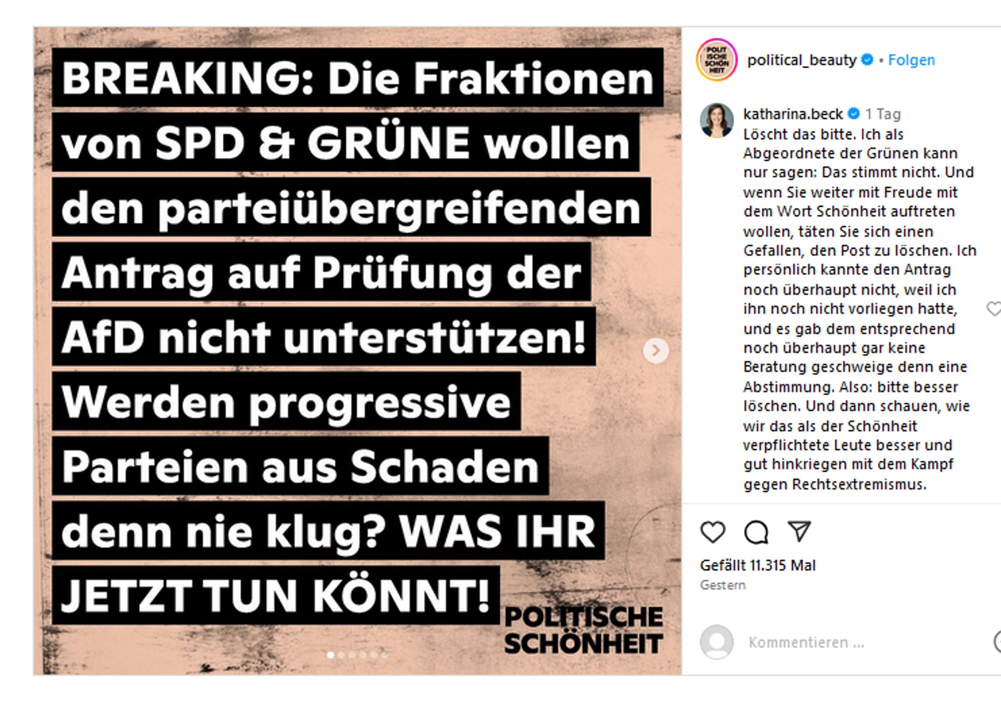 Antwort Katharina Beck auf post von "political_beauty" auf insta vom 30.0.9.24