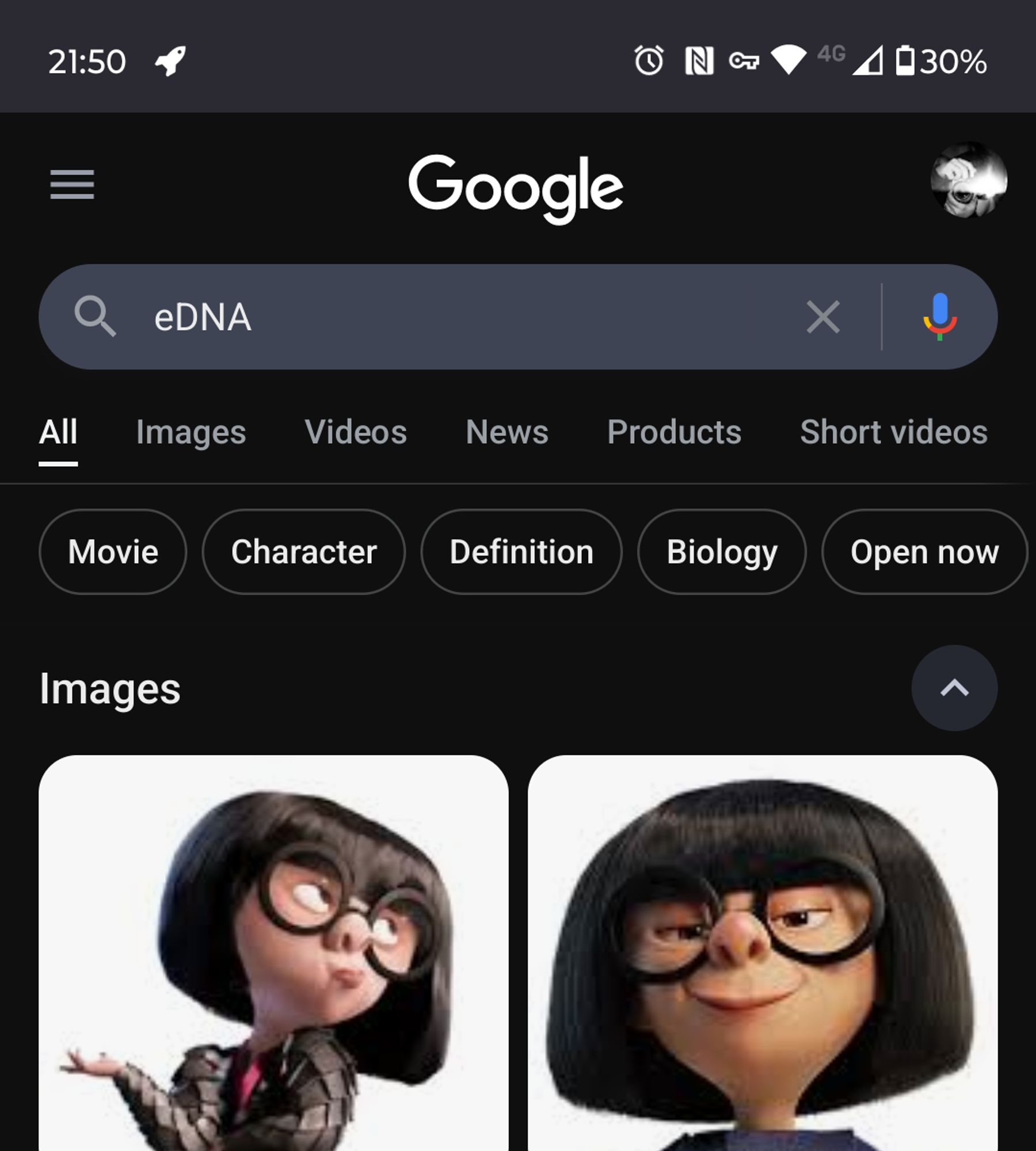 Search for eDNA (environmental DNA) returned results of Edna from The Incredibles