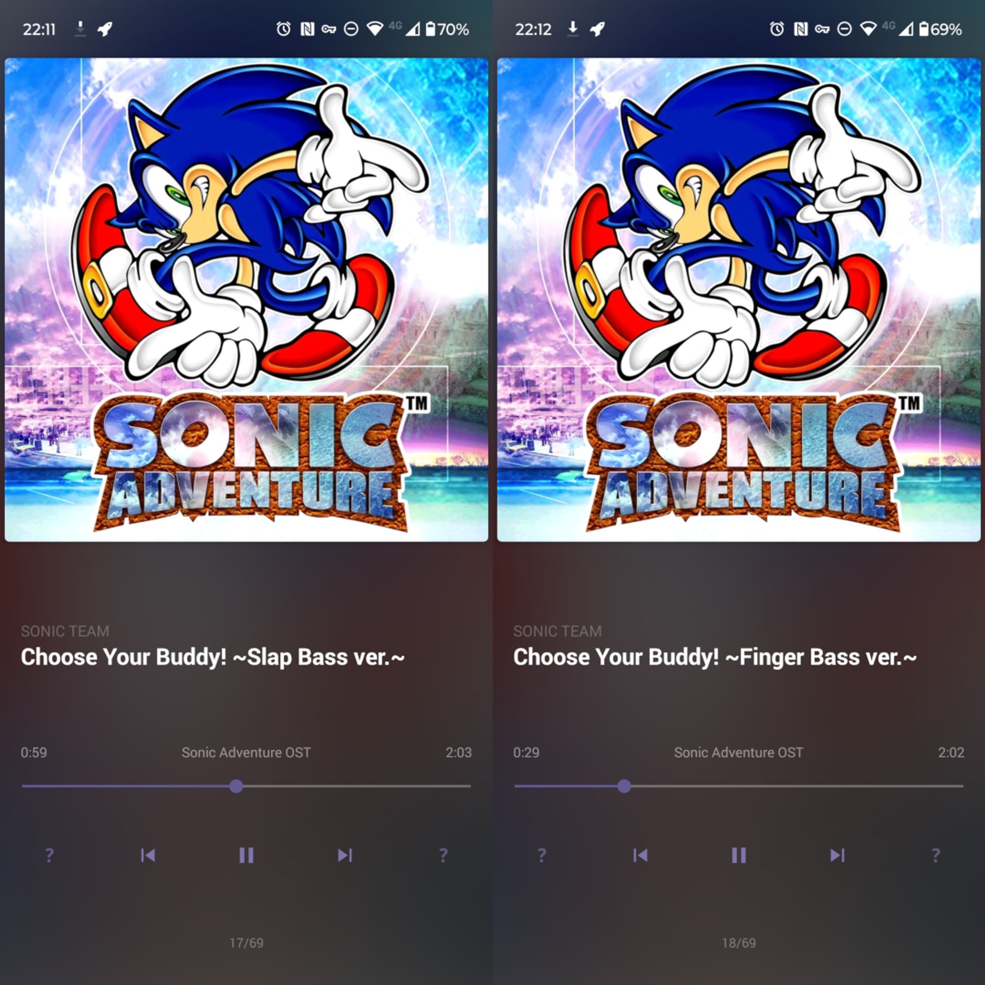 Two music players side by side showing the Sonic Adventure game soundtrack playing. 

On the left: Choose Your Buddy - Slap Bass version
On the right: Choose Your Buddy - Finger Bass version