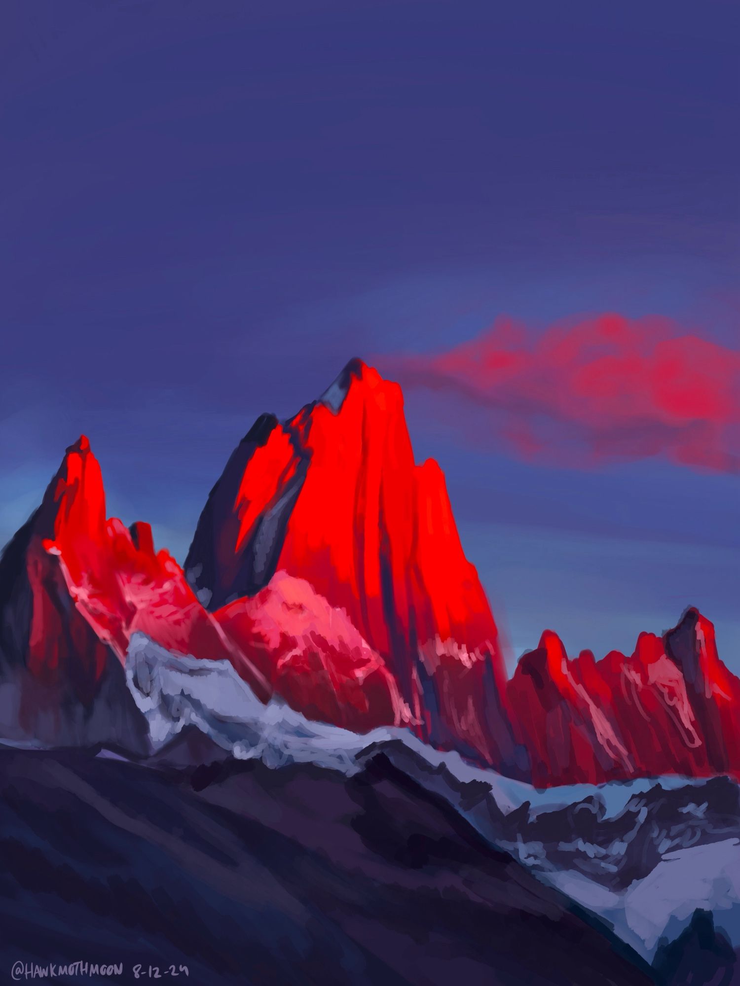 Landscape painting of a red lit Rocky Mountain pass at sunset