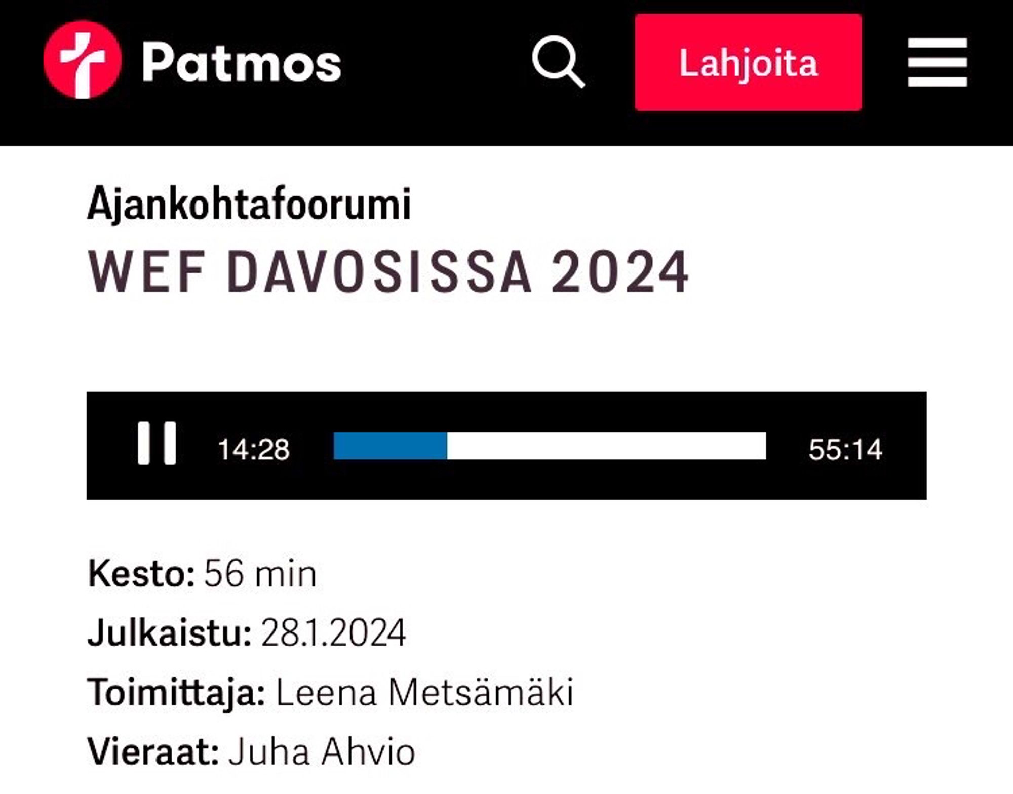 Kuvaleike Patmos-säätiön podcast-jakson WEF Davosissa 2024 sivusta.