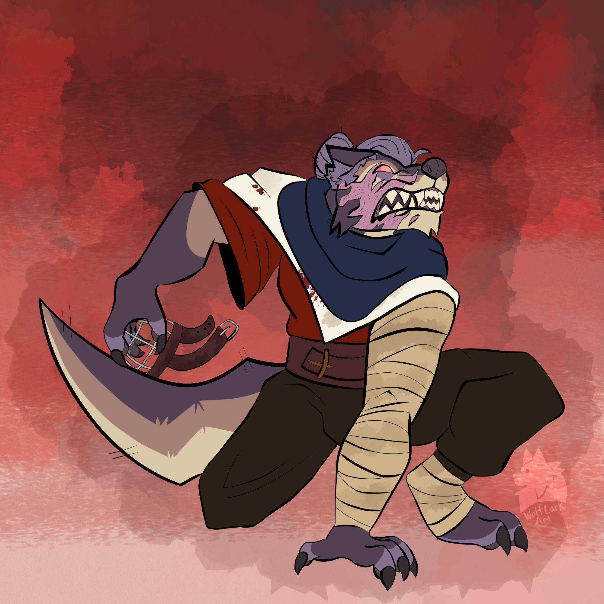 A drawing of a wolf anthro crouching on the ground with one arm pulling a muzzle away from their face. They are wearing a red shirt, brown pants, a blue scarf, and bandages on their left arm. Half of their face is marred with scars. They have their hair up in a messy bun