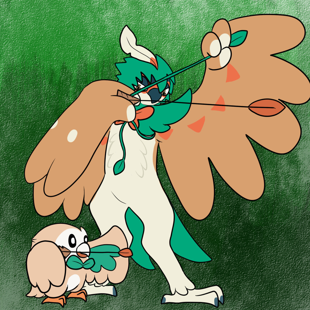 A drawing of a Decidueye teaching a Rowlet archery. The Decidueye is nocking an arrow and looking down at Rowlet who is trying to do the same