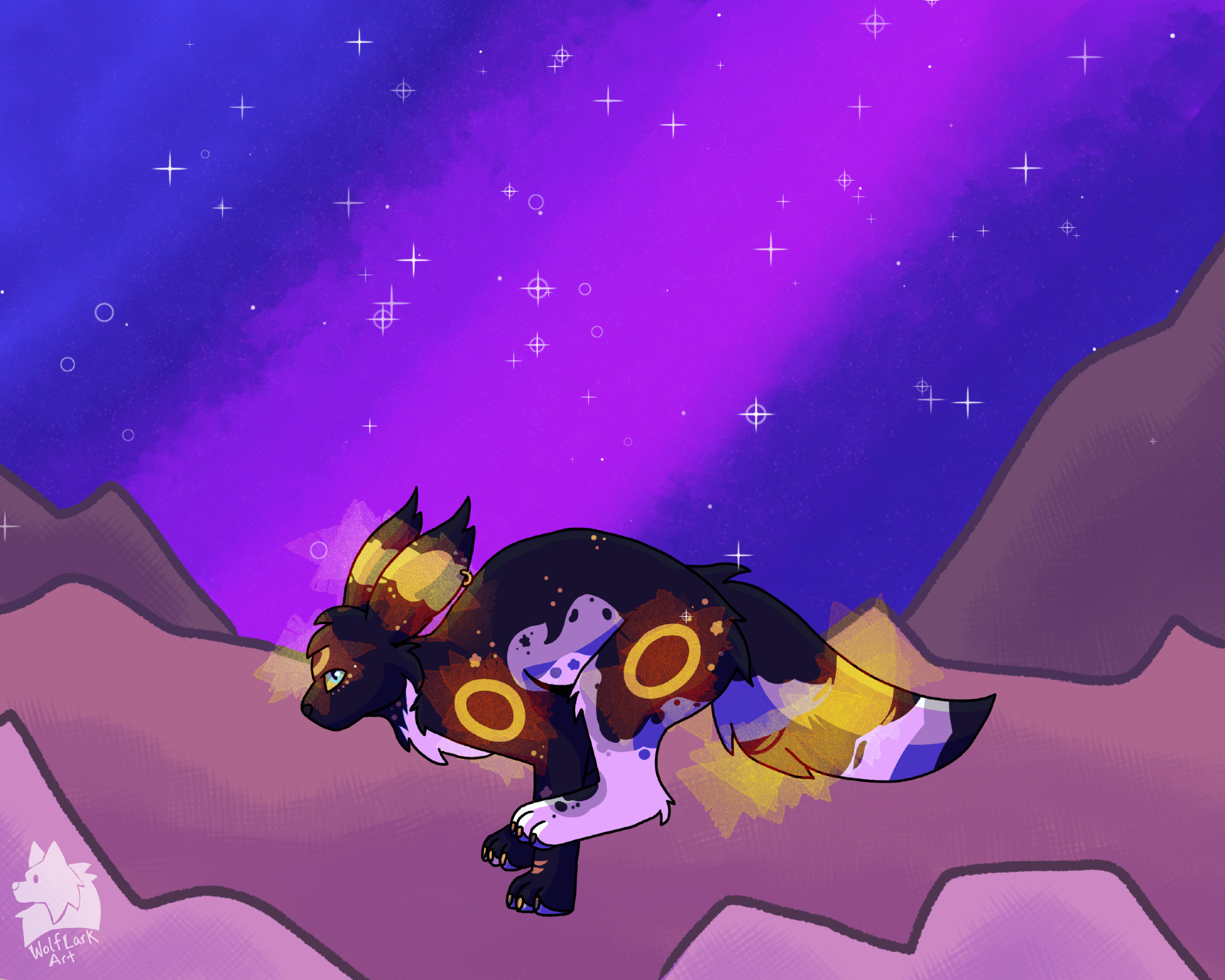 A black, gray, and white Umbreon running across a barren landscape with a blue and pink night sky in the background. The Umbreon's rings are glowing