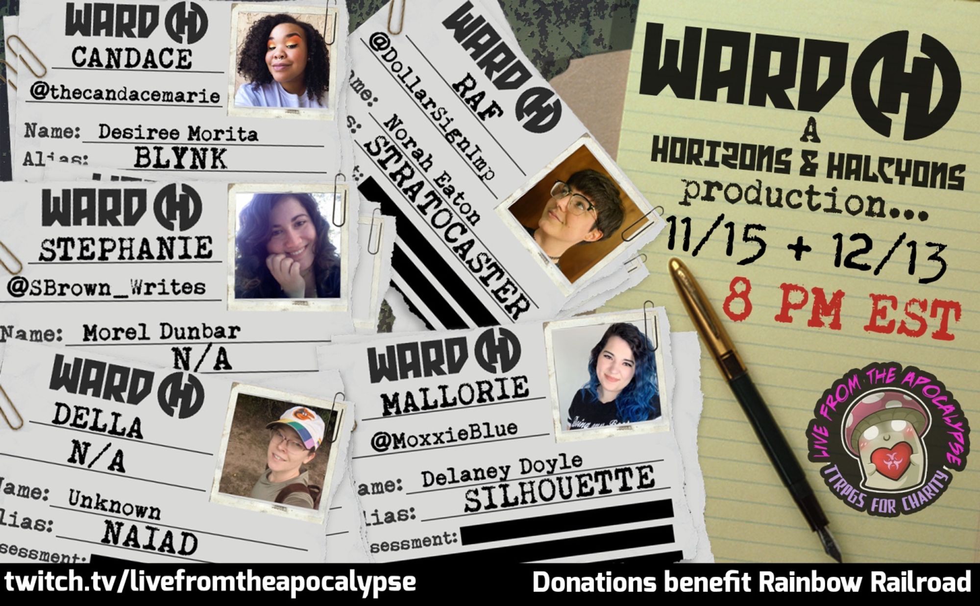 Promo for Ward H, a Horizons and Halcyons production, that has pictures of the cast next to their character names and aliases on patient identifying documents. It states that the podcast will be live recorded on 11/15 and 12/13 at 8:00PM EST.