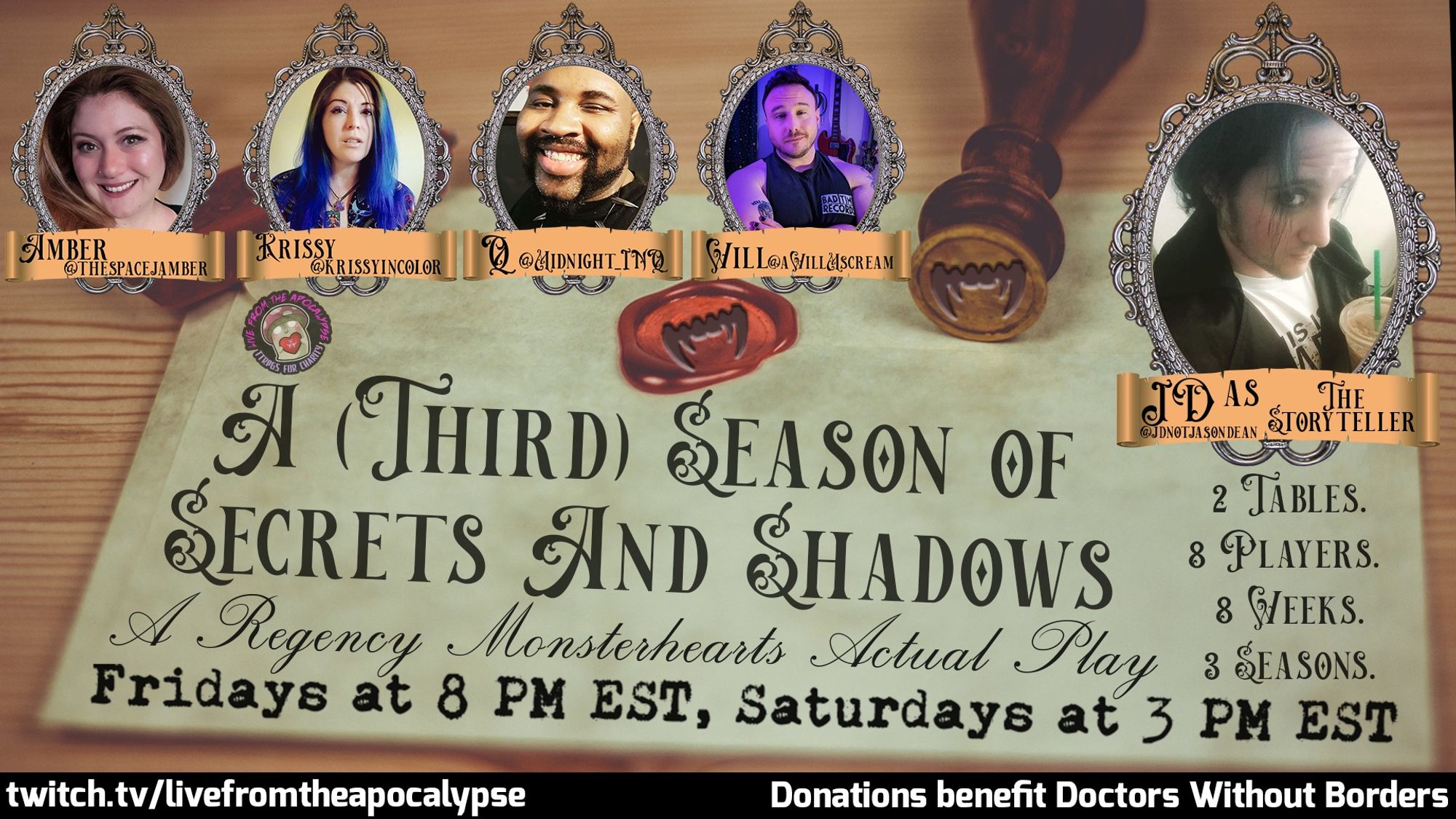 Promo image for A Season of Secrets and Shadows: Season 3. There is an envelope with a wax seal. There are portraits of the four players (Amber, Kris, Q, and Will) and the GM (JD). This promo has the Twitch channel for LFTA and the fact that donations benefit Doctors Without Borders.