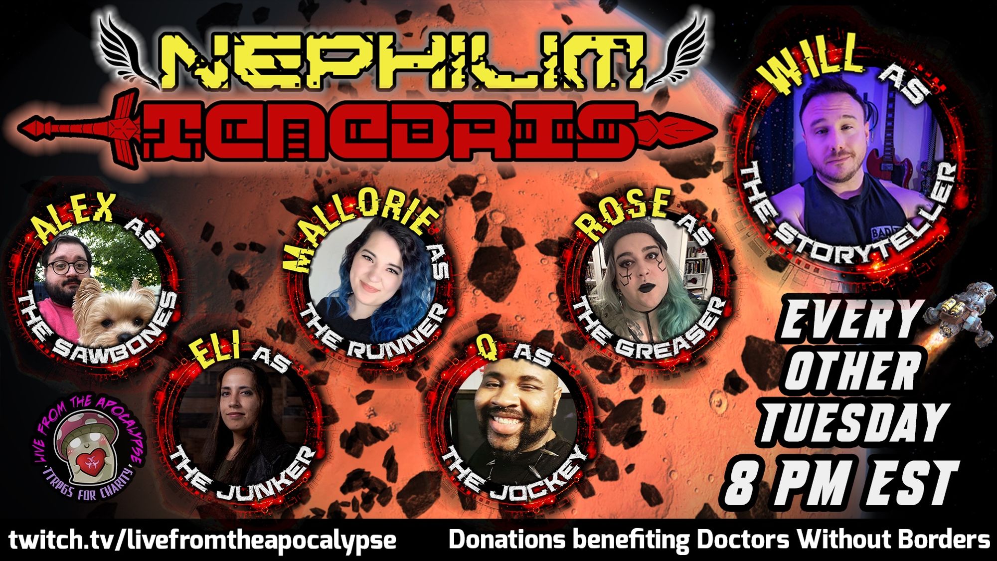 Promo for Nephilim: Tenebris, with photos of the cast and their character roles. It notes that Tenebris airs every other Tuesday at 8 PM EST. It has the Twitch page for LFTA and the fact that donations benefit Doctors Without Borders.